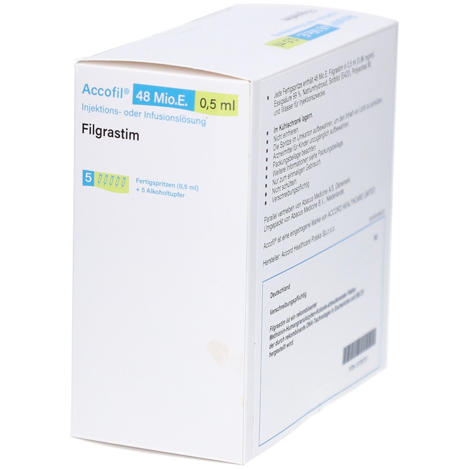 Accofil®-Verpackung, 48 Mio.E./0,5 ml. Aufschrift: Filgrastim, Injektionslösung. Enthält 5 Fertigspritzen und Alkoholtücher.