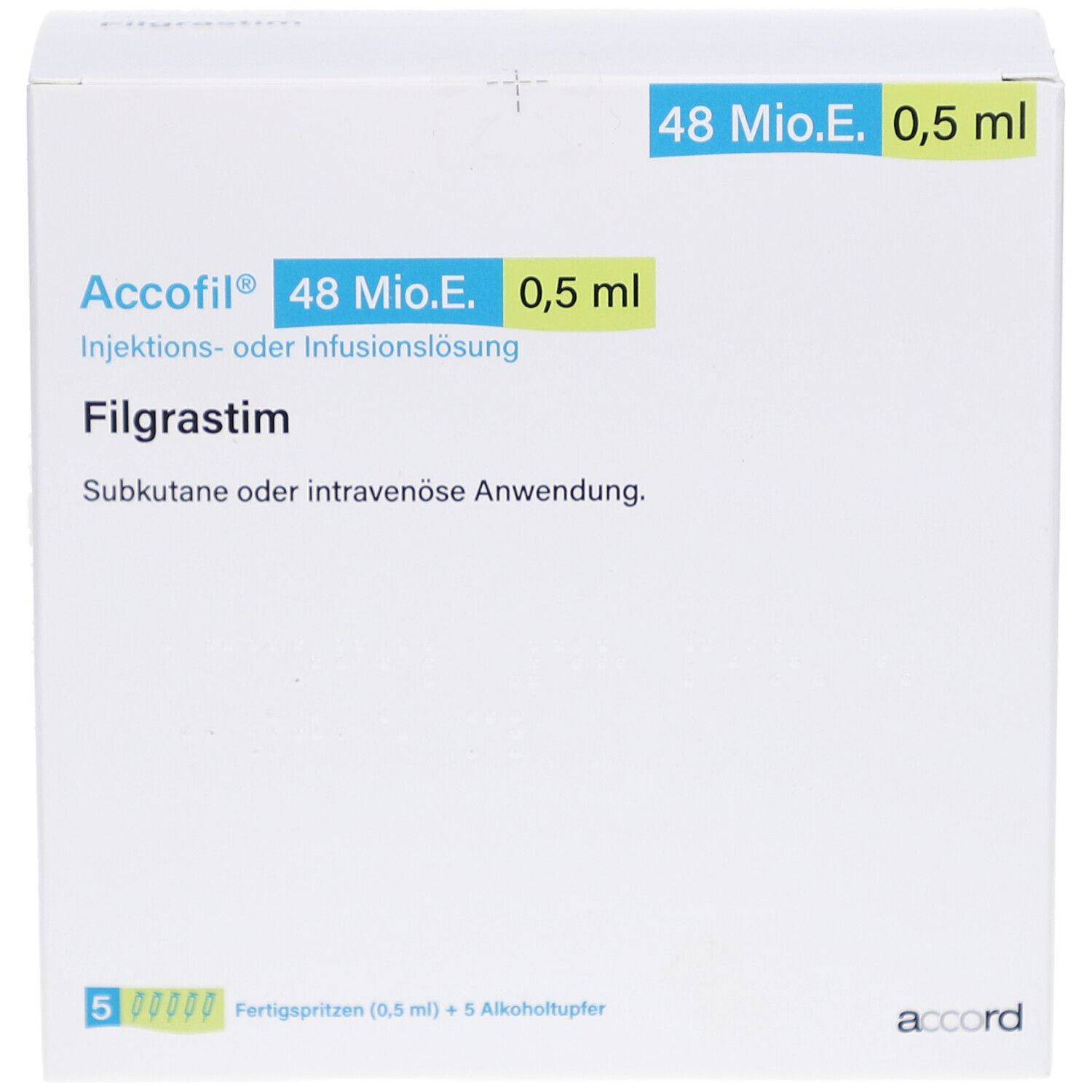 Accofil®-Verpackung, 48 Mio.E./0,5 ml. Aufschrift: Filgrastim, Injektionslösung. Enthält 5 Fertigspritzen und Alkoholtücher.