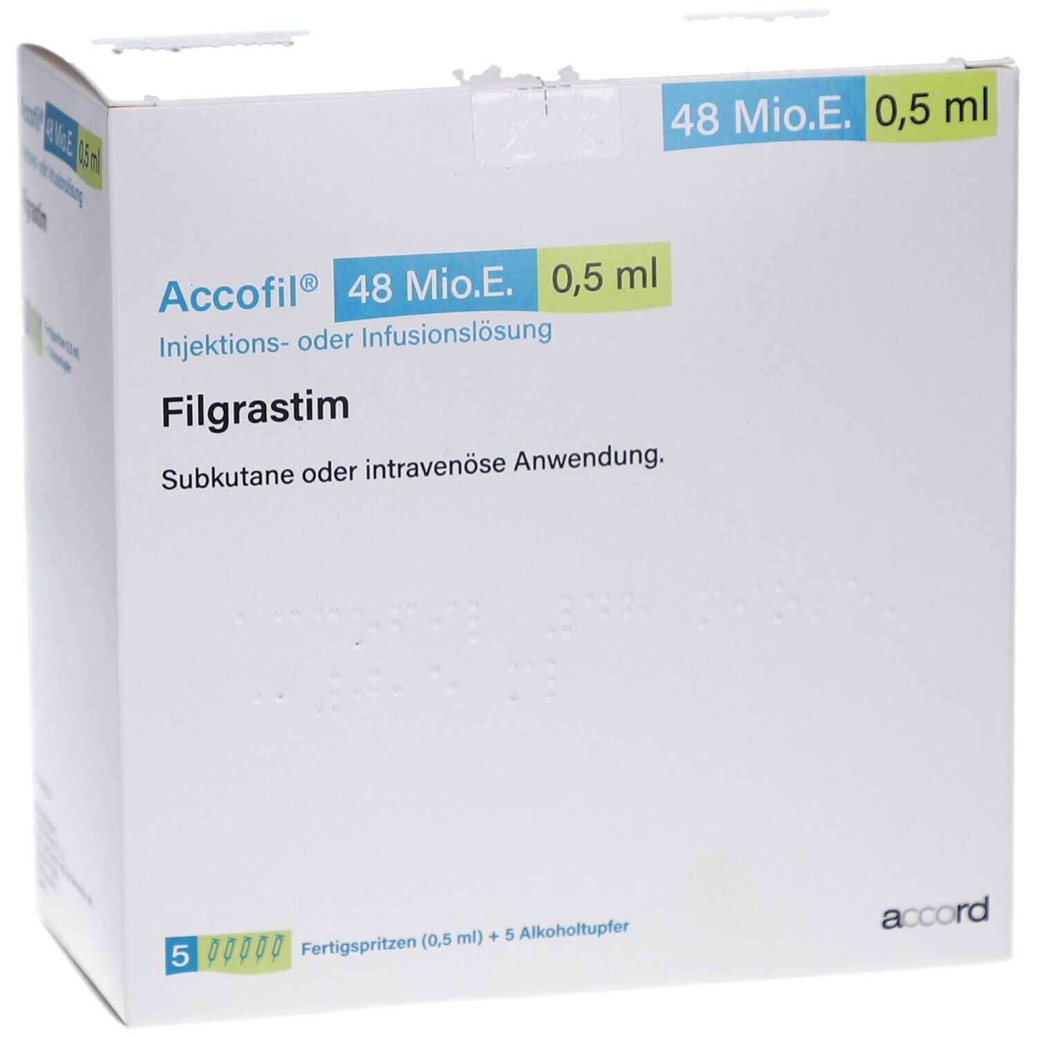 Accofil®-Verpackung, 48 Mio.E./0,5 ml. Aufschrift: Filgrastim, Injektionslösung. Enthält 5 Fertigspritzen und Alkoholtücher.