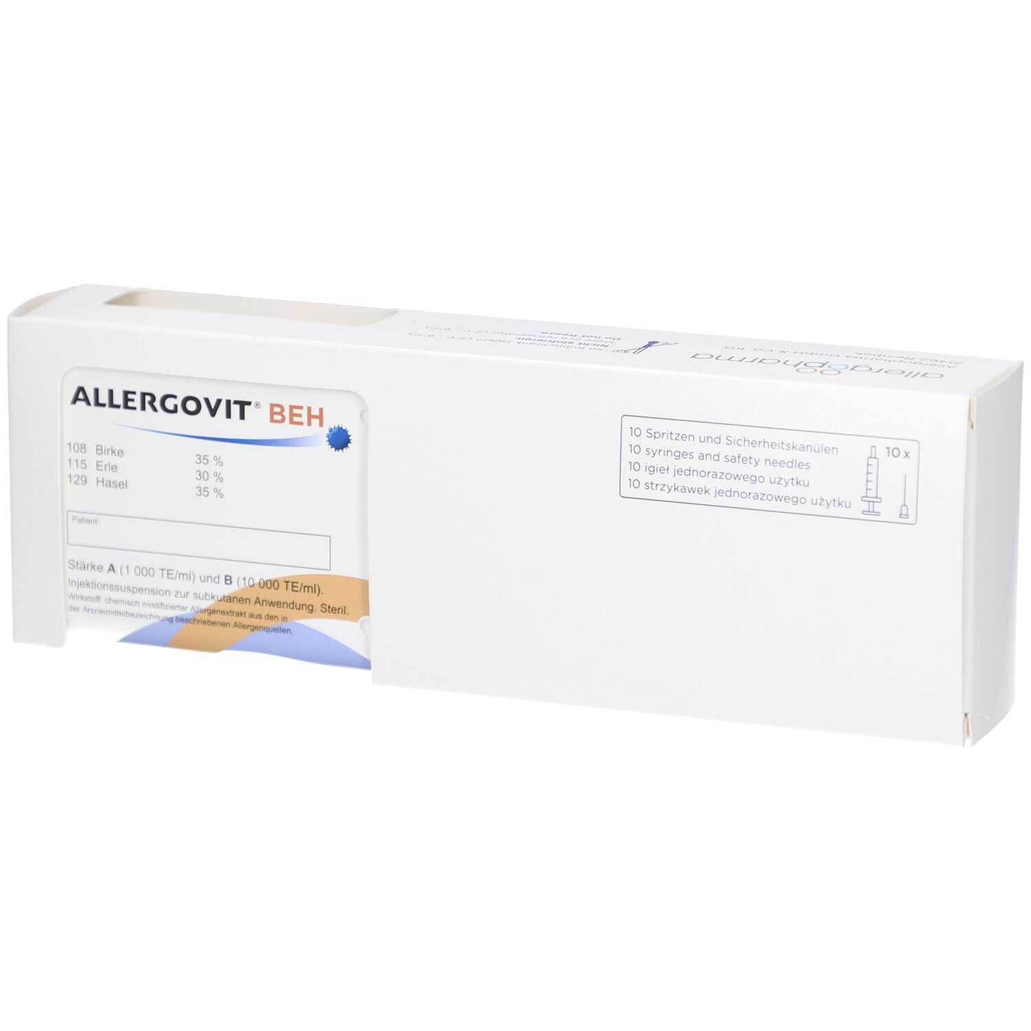 Weiße Verpackung mit Produktinformationen. Aufschrift ALLERGOVIT BEH. Enthält Spritzen und Sicherheitskanülen.