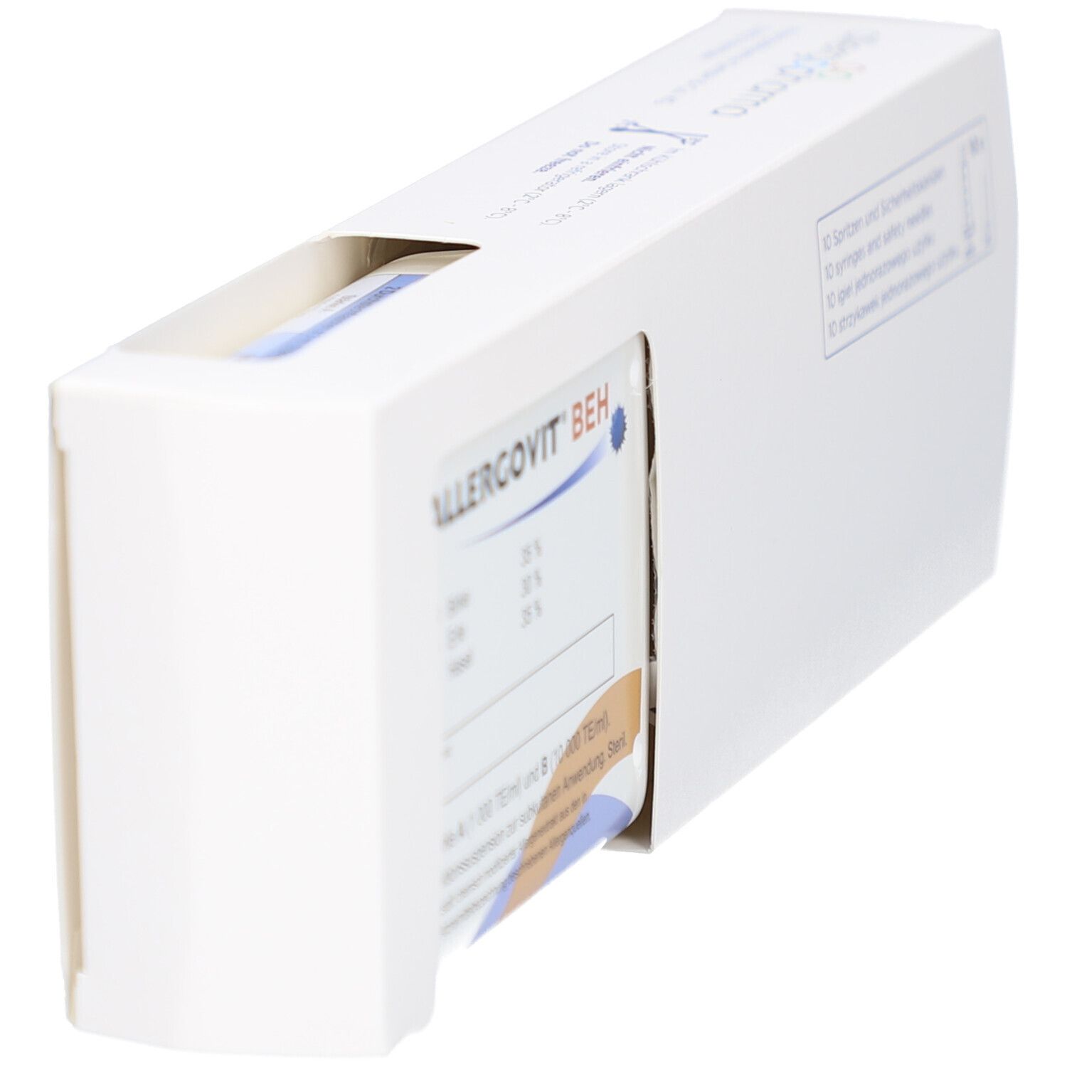 Geöffnete weiße Verpackung. Produktinformationen sichtbar. Aufschrift ALLERGOVIT BEH.