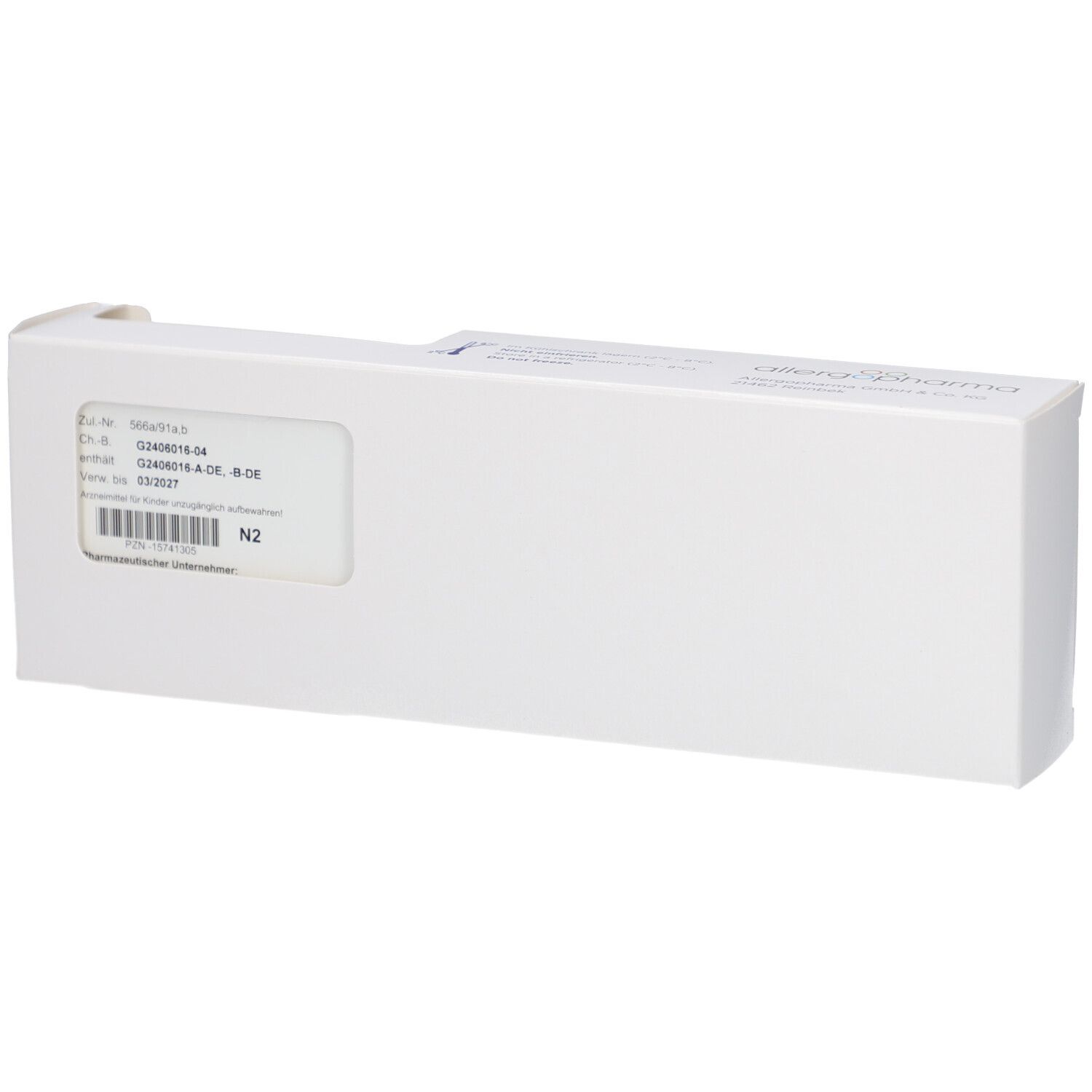 Weiße Verpackung mit Etikett. Enthält Produktinformationen und Barcode. Aufschrift N2.