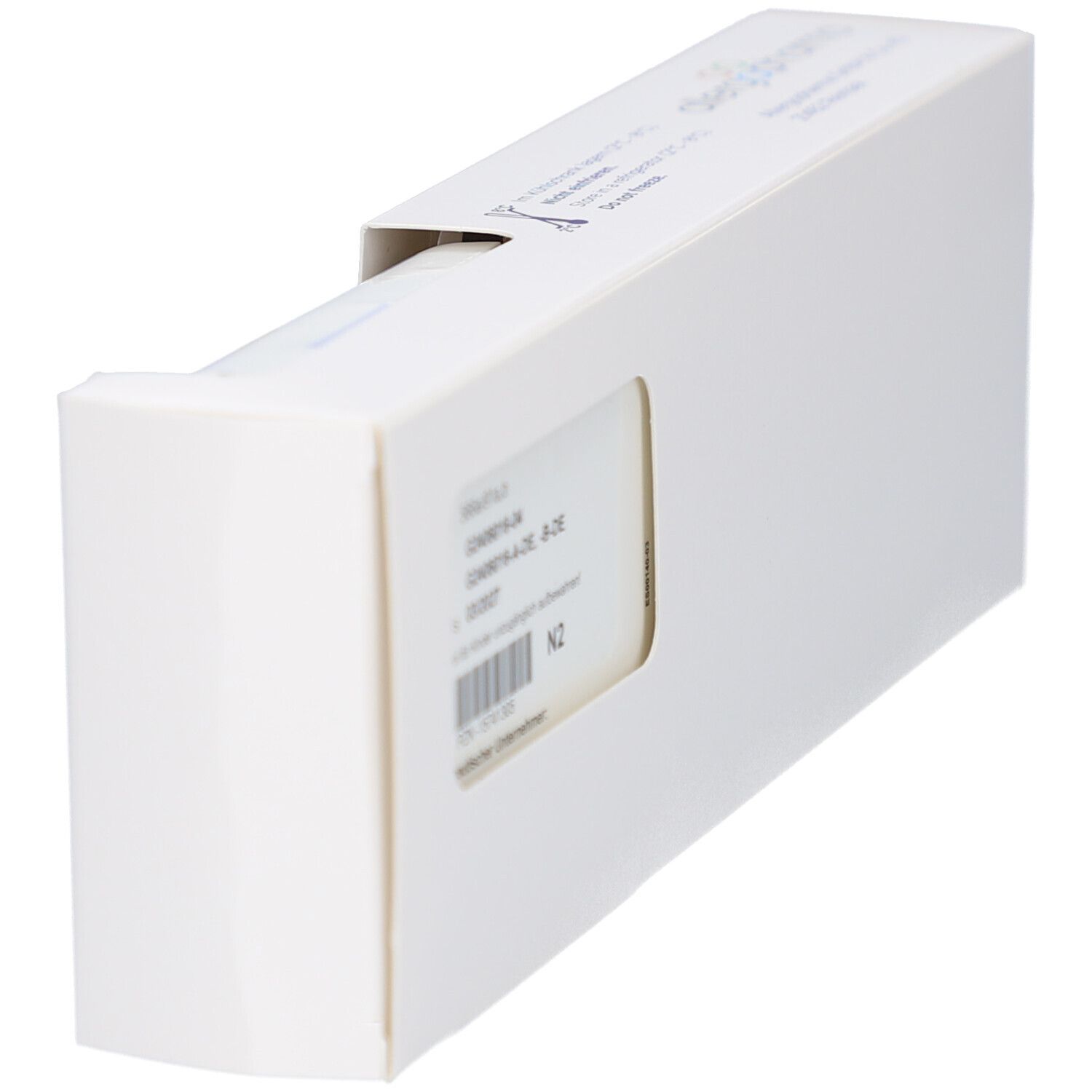 Geöffnete weiße Verpackung mit Etikett. Produktinformationen und Barcode sichtbar. Aufschrift N2.