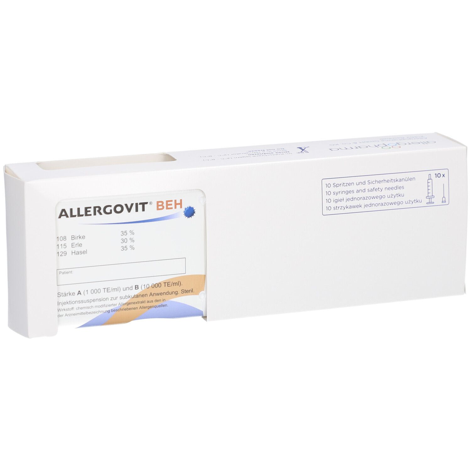 Weiße Verpackung mit Produktinformationen. Aufschrift ALLERGOVIT BEH. Enthält Spritzen und Sicherheitskanülen.
