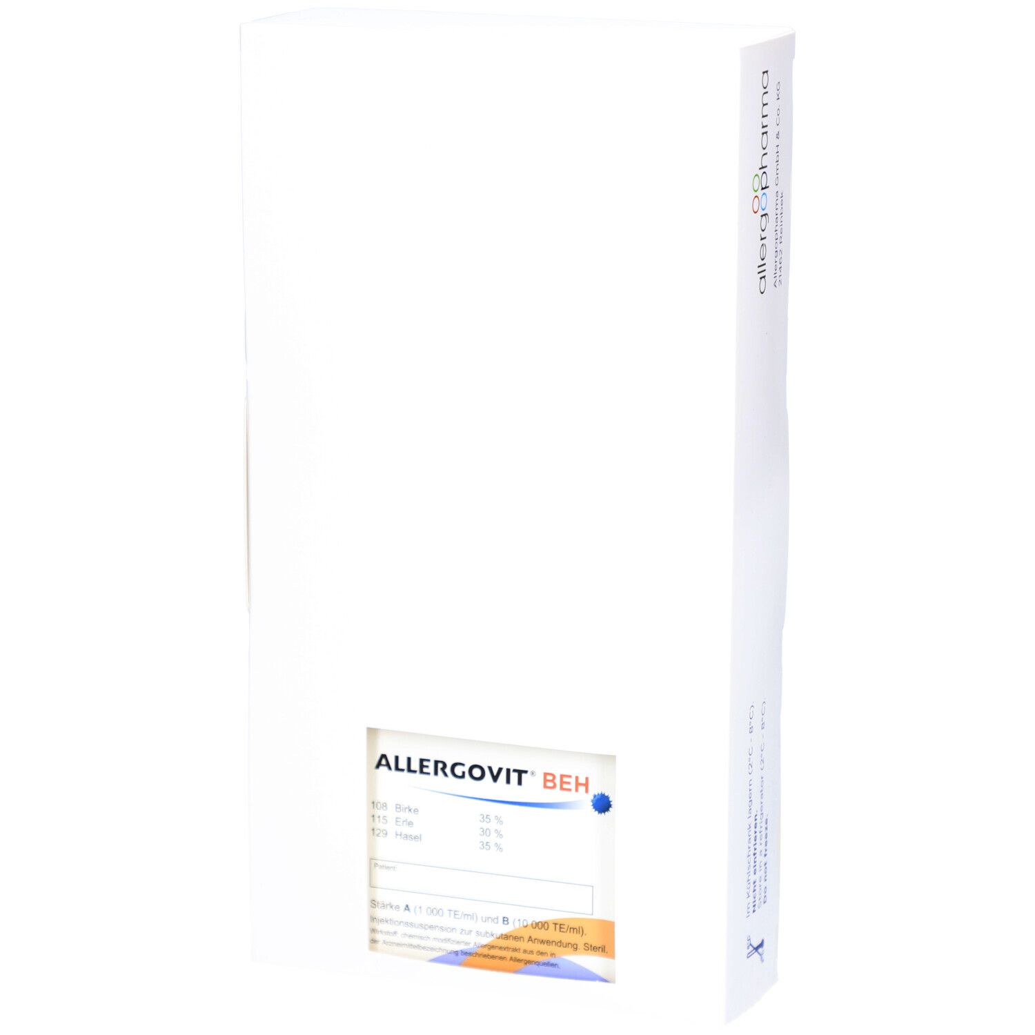 Weiße Produktverpackung mit Fenster. Sichtbar: ALLERGOVIT BEH-Logo und Produktinformationen. Allergopharma-Logo.