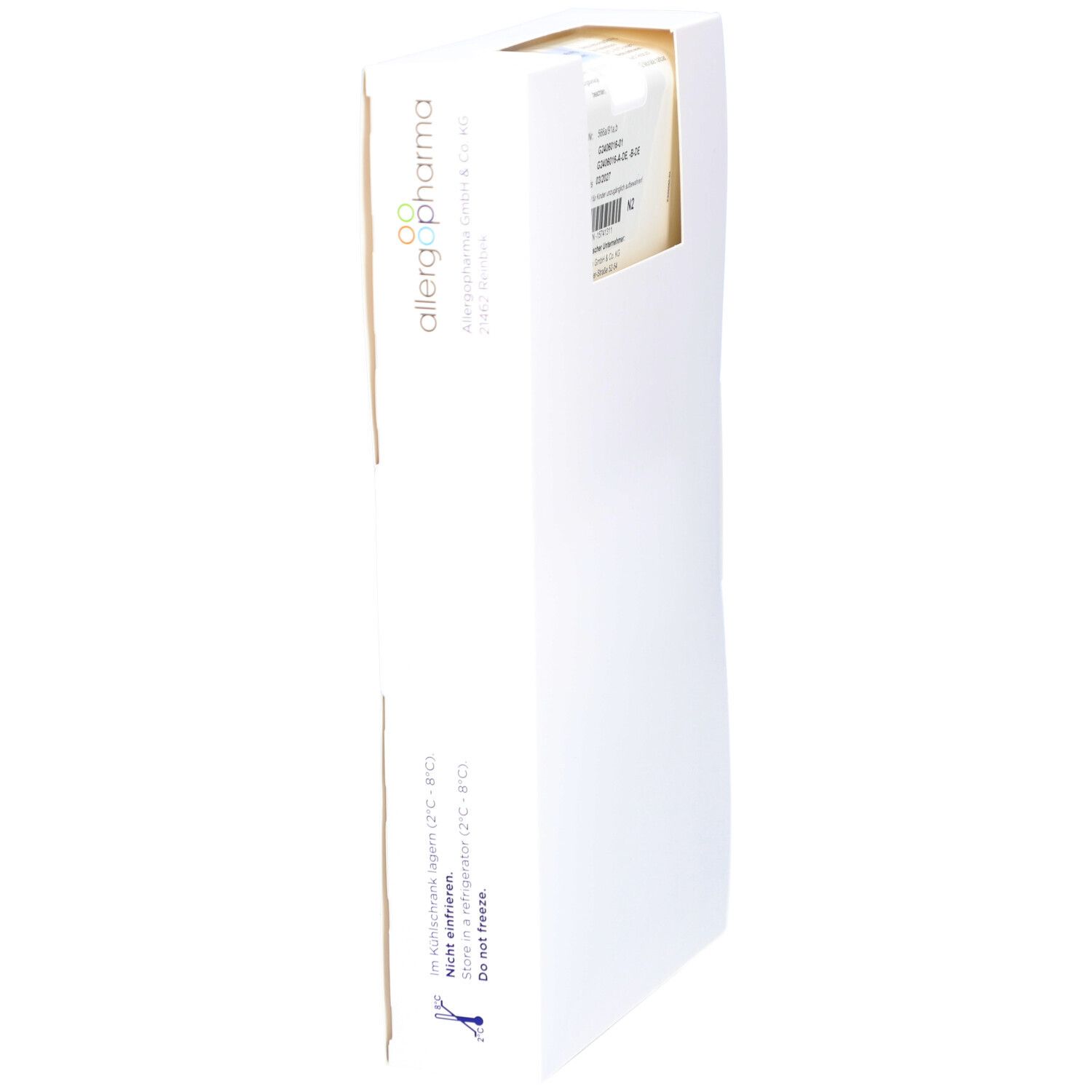 Weiße Produktverpackung mit Fenster. Allergopharma-Logo und Text. Fenster zeigt Produktinformationen.