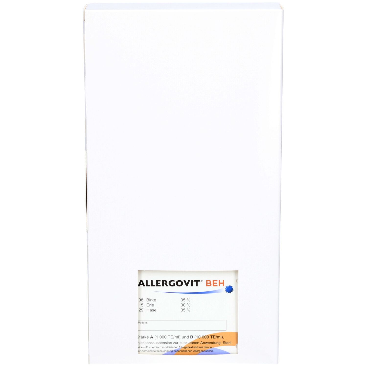 Weiße Produktverpackung mit Fenster. ALLERGOVIT BEH-Logo und Produktinformationen. Aufdruck mit Inhaltsstoffen.