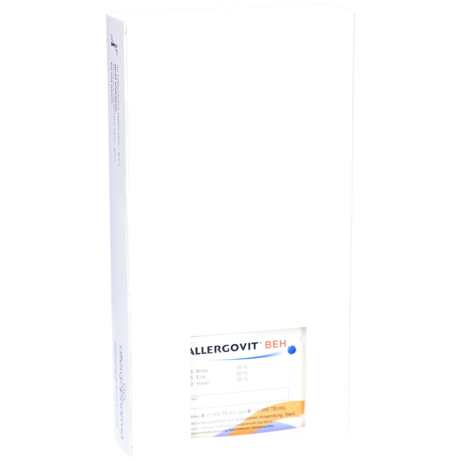 Weiße Produktverpackung mit Fenster. ALLERGOVIT BEH-Logo und Produktinformationen. Aufdruck mit Inhaltsstoffen.