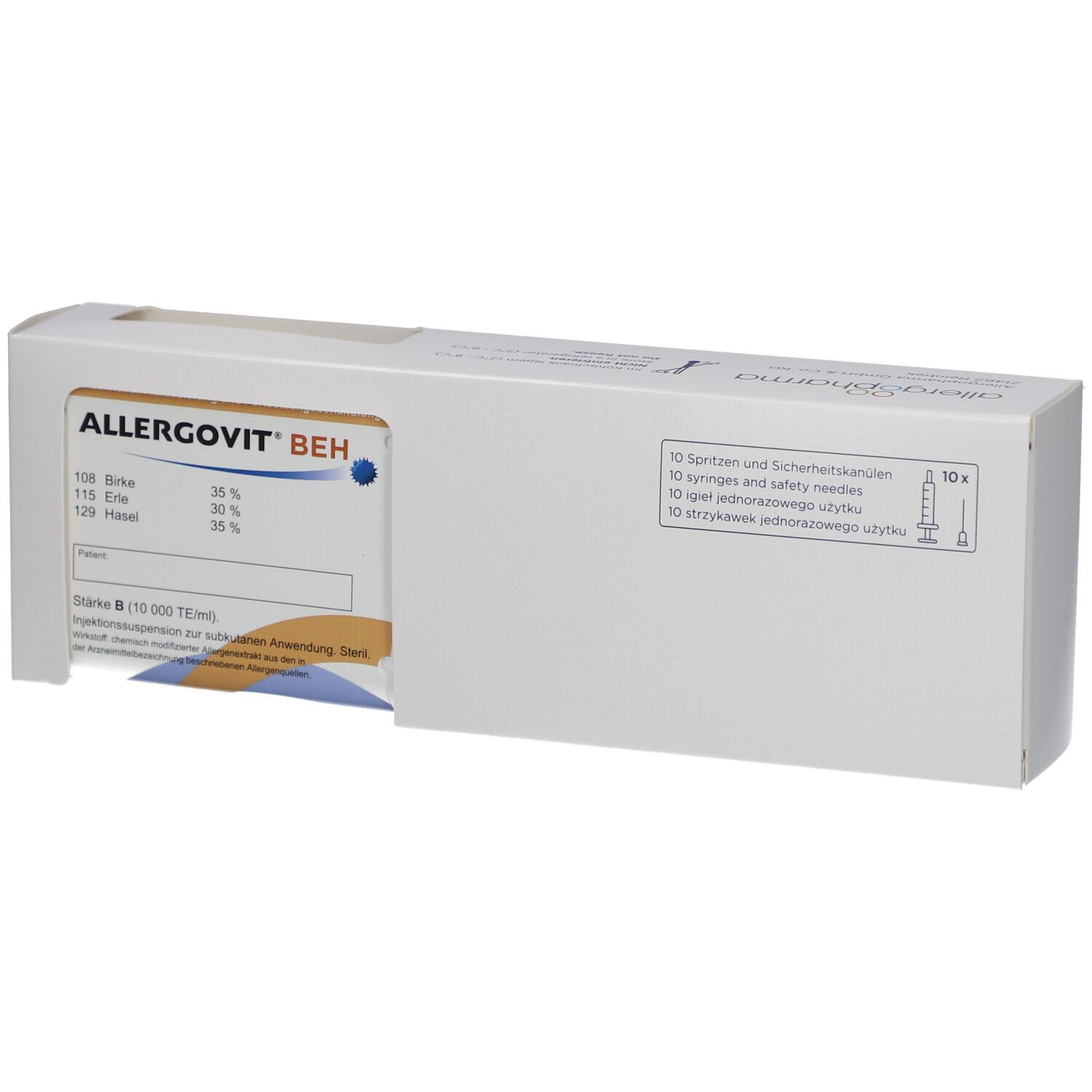 Weiße Verpackung mit ALLERGOVIT BEH-Logo. Enthält 10 Spritzen und Sicherheitsnadeln. Produktinformationen auf der Vorderseite.