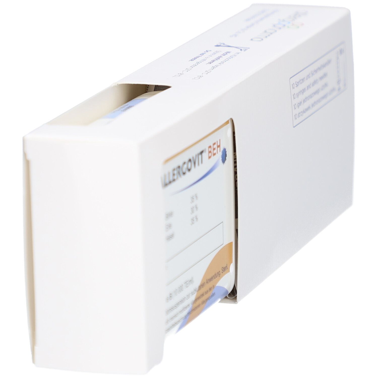 Weiße Verpackung, teilweise geöffnet. ALLERGOVIT BEH-Logo sichtbar. Produktinformationen auf der Vorderseite.
