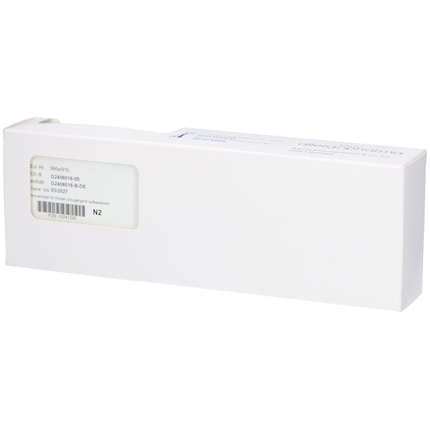 Weiße rechteckige Verpackung. Fenster mit Produktinformationen. N2-Kennzeichnung.