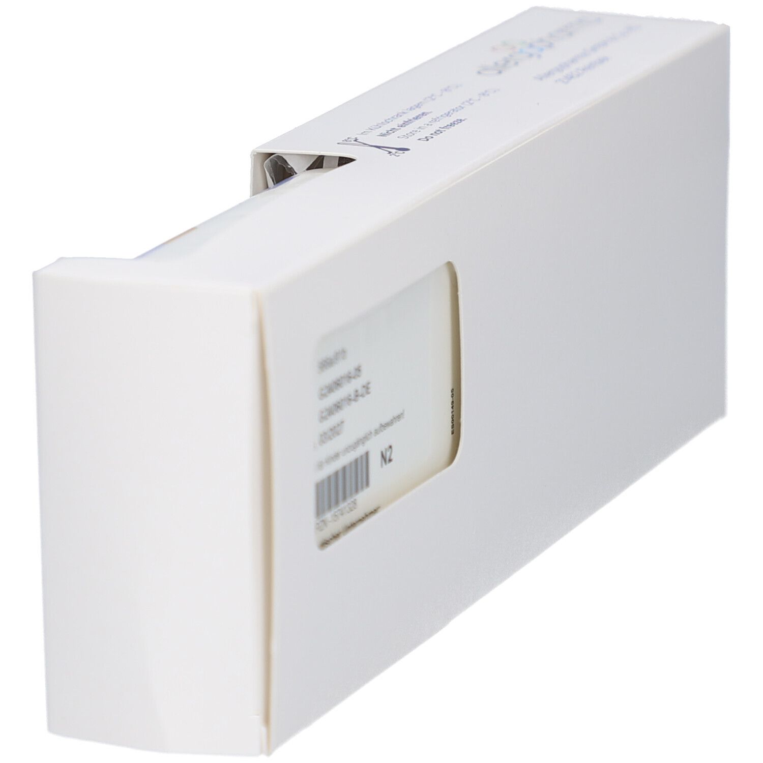 Weiße Verpackung, teilweise geöffnet. Fenster mit Produktinformationen. N2-Kennzeichnung.