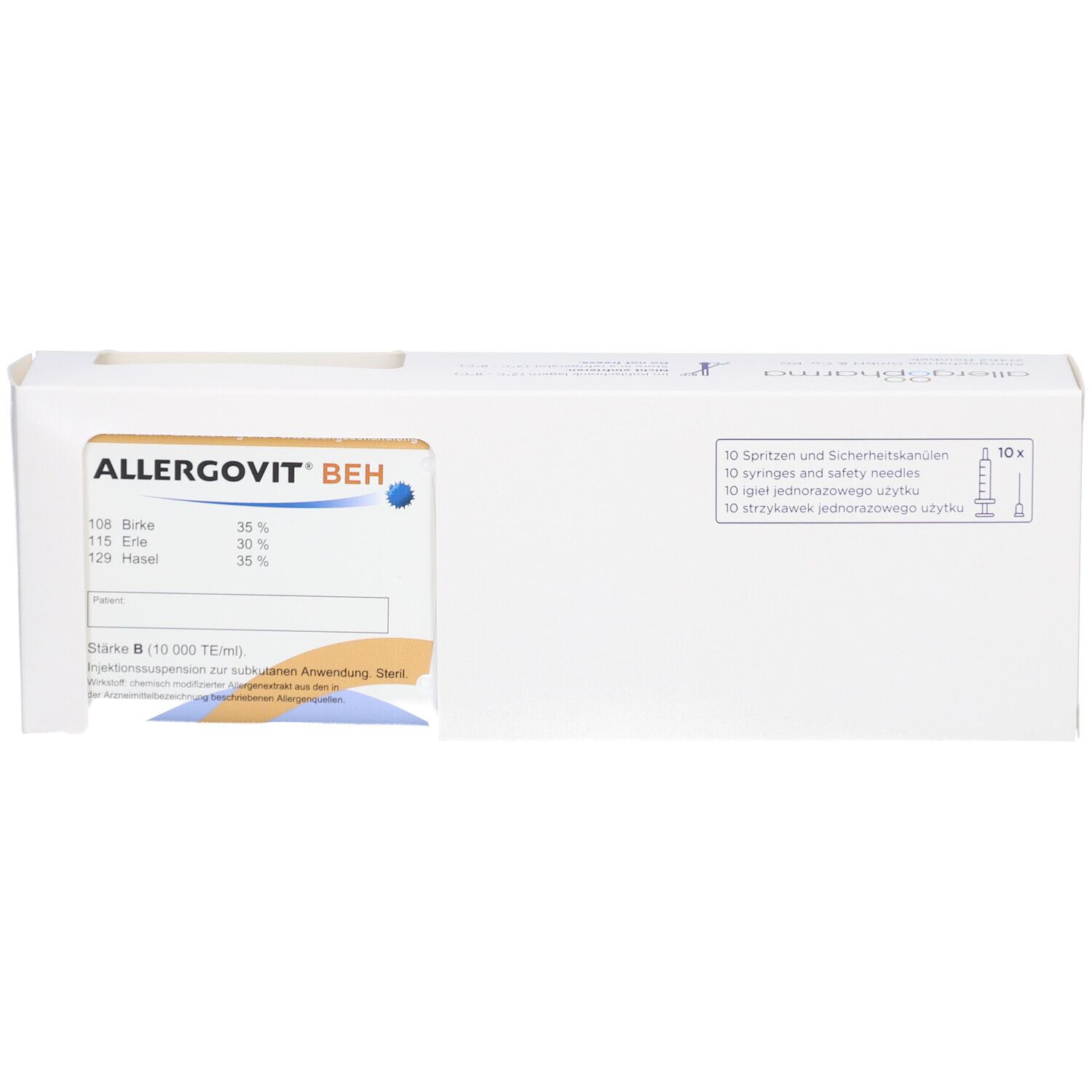 Weiße Verpackung mit ALLERGOVIT BEH-Logo. Enthält 10 Spritzen und Sicherheitsnadeln. Produktinformationen auf der Vorderseite.