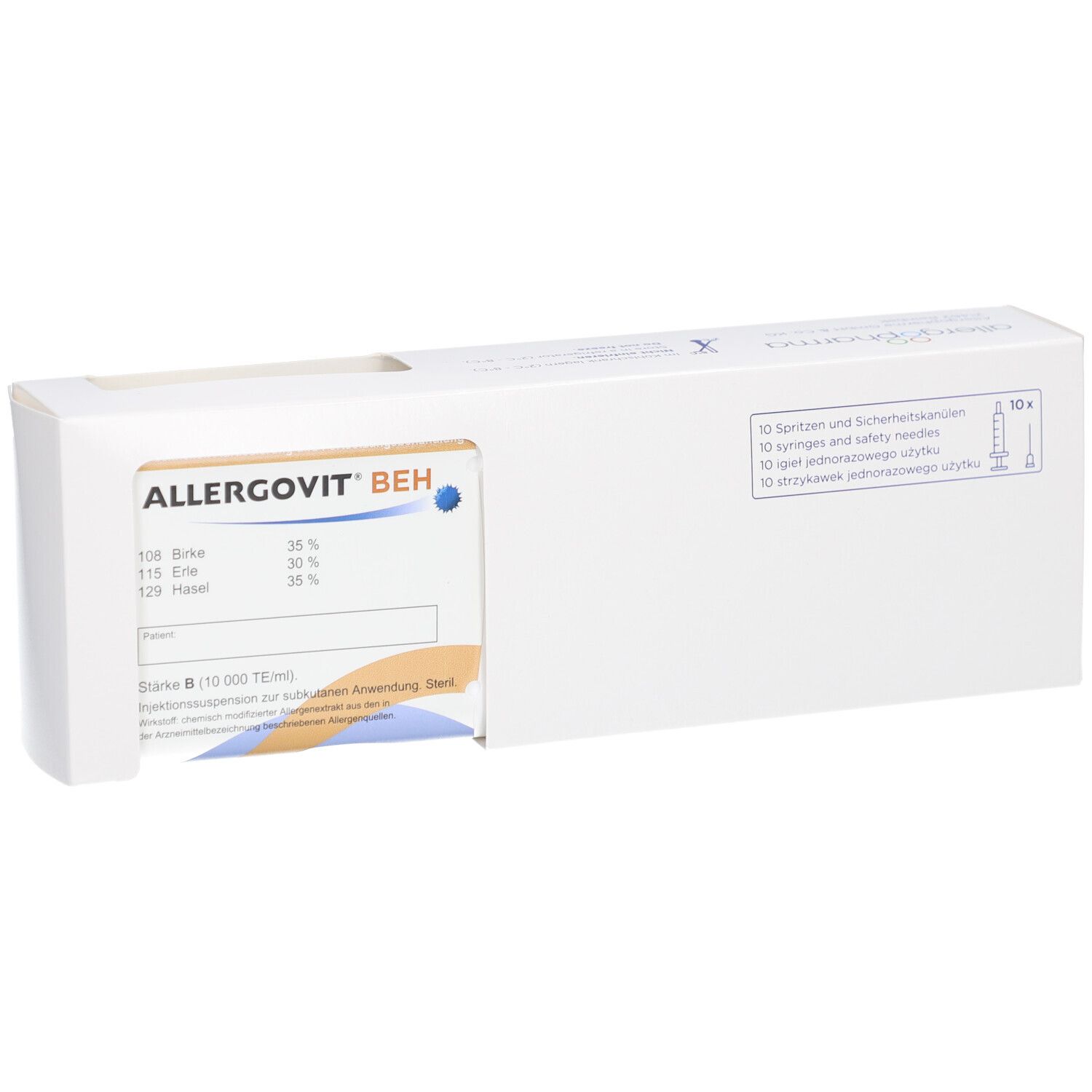 Weiße Verpackung mit ALLERGOVIT BEH-Logo. Enthält 10 Spritzen und Sicherheitsnadeln. Produktinformationen auf der Vorderseite.