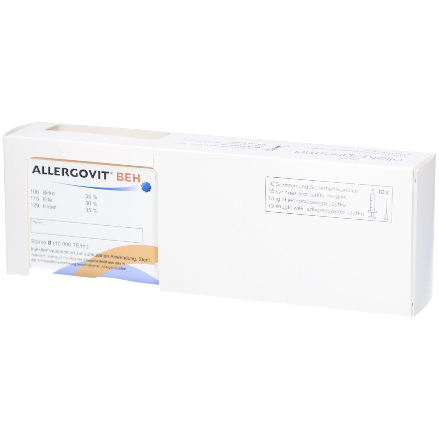 Weiße Verpackung mit Produktinformationen. Aufschrift ALLERGOVIT BEH. Enthält Spritzen und Sicherheitsnadeln.