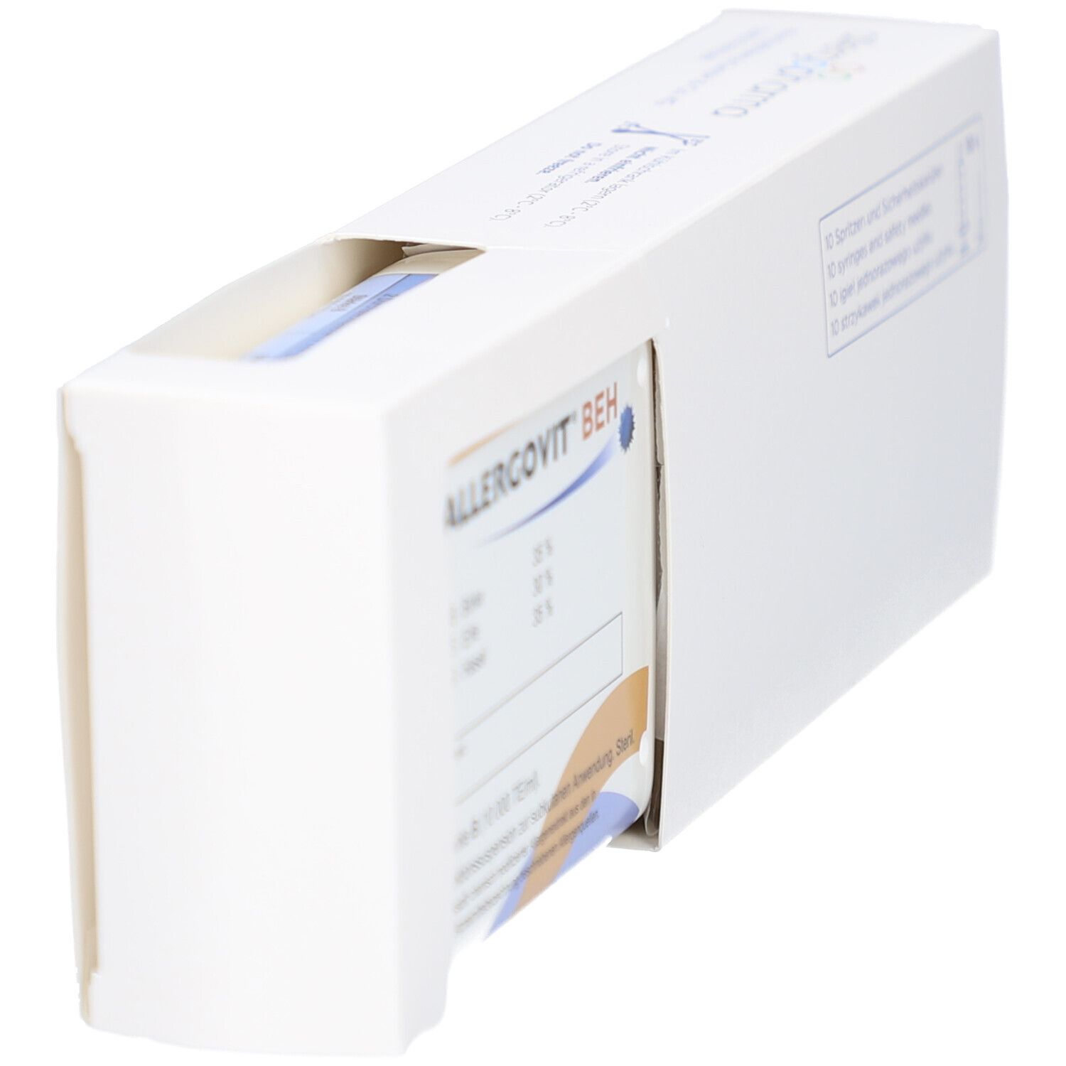 Weiße Verpackung, teilweise geöffnet. Produktinformationen sichtbar. Aufschrift ALLERGOVIT BEH.
