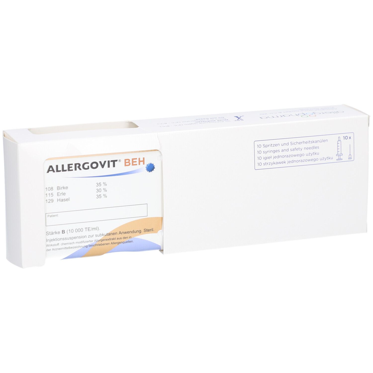 Weiße Verpackung mit Produktinformationen. Aufschrift ALLERGOVIT BEH. Enthält Spritzen und Sicherheitsnadeln.