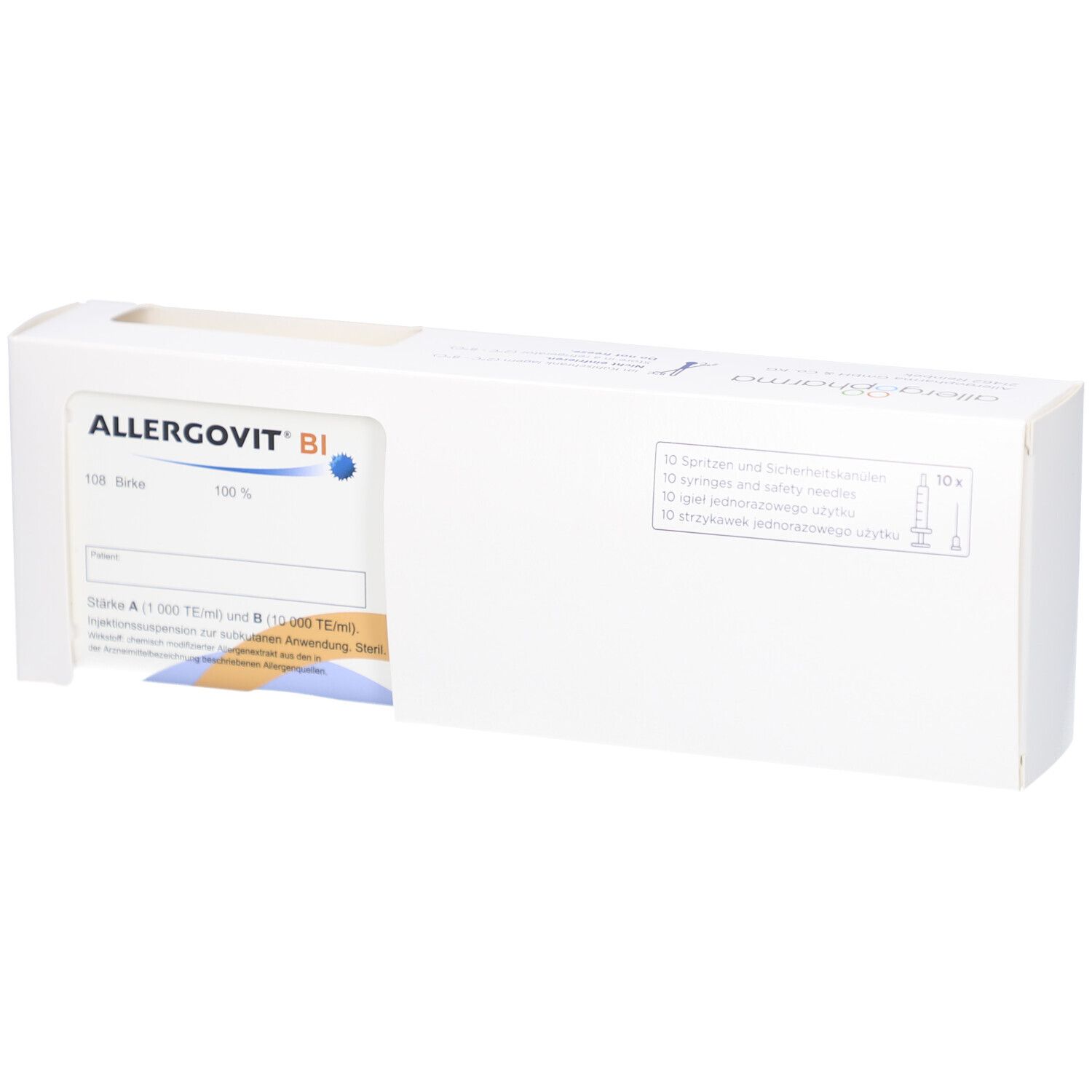 Weiße Verpackung mit Produktnamen ALLERGOVIT BI. Blaue und gelbe Elemente. 10 x Spritzen und Sicherheitskanülen.