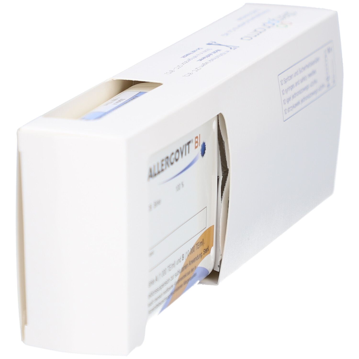 Geöffnete weiße Verpackung mit Produktnamen ALLERGOVIT BI. Blaue und gelbe Elemente sind sichtbar.
