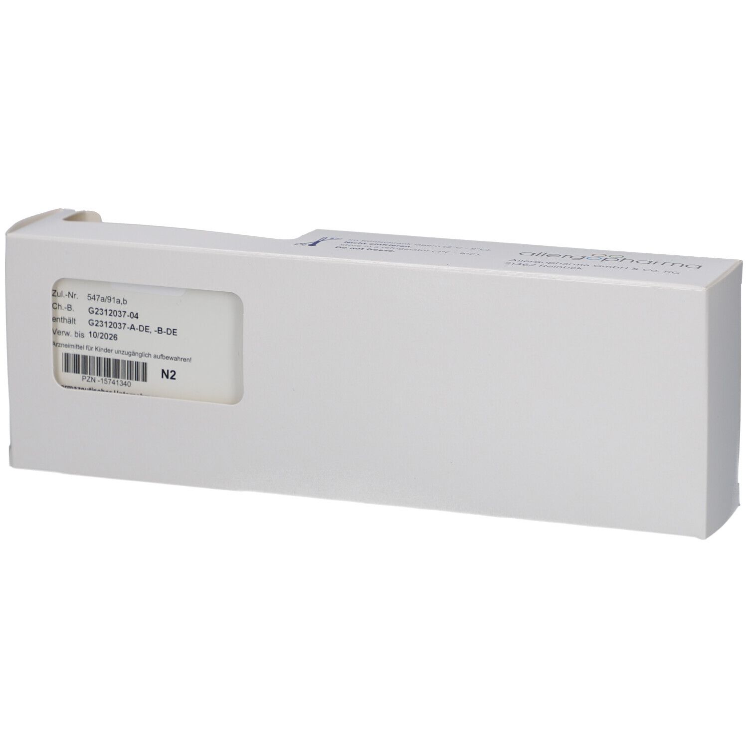 Weiße rechteckige Verpackung mit einem Fenster. Produktinformationen auf einem Etikett.