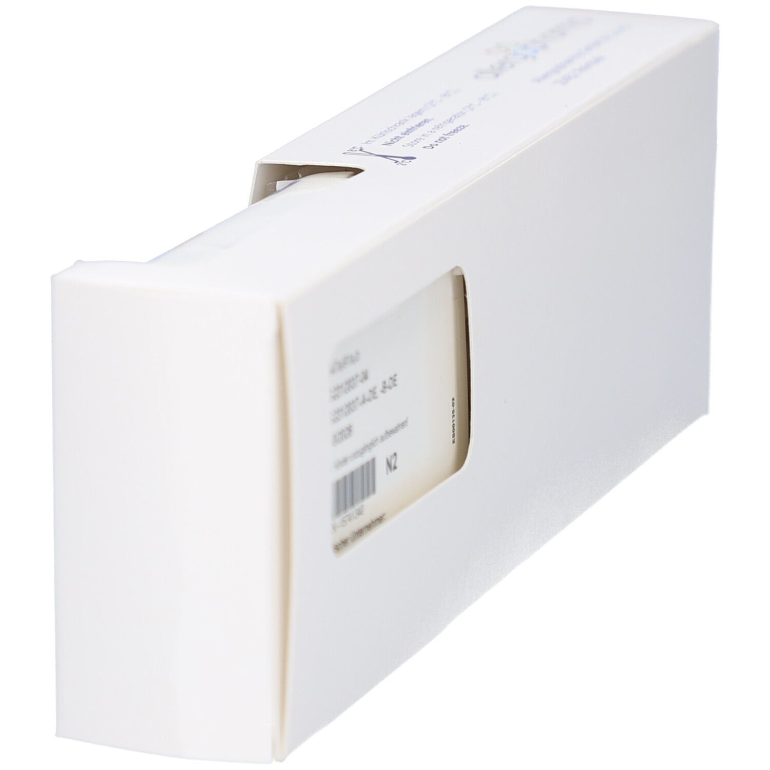 Geöffnete weiße Verpackung mit Fenster. Produktinformationen auf einem Etikett sind sichtbar.