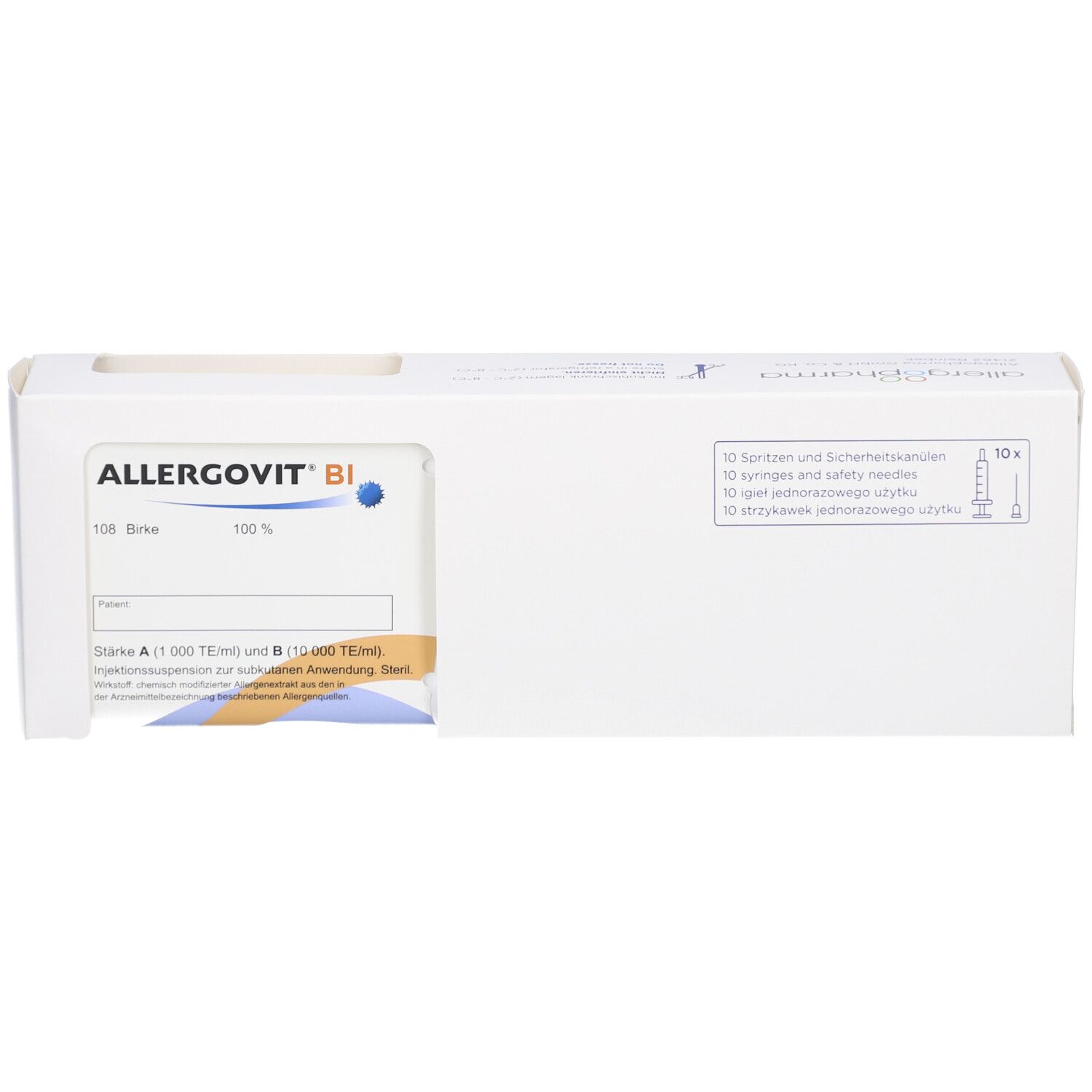Weiße Verpackung mit Produktnamen ALLERGOVIT BI. 10 Spritzen und Sicherheitskanülen sind abgebildet.