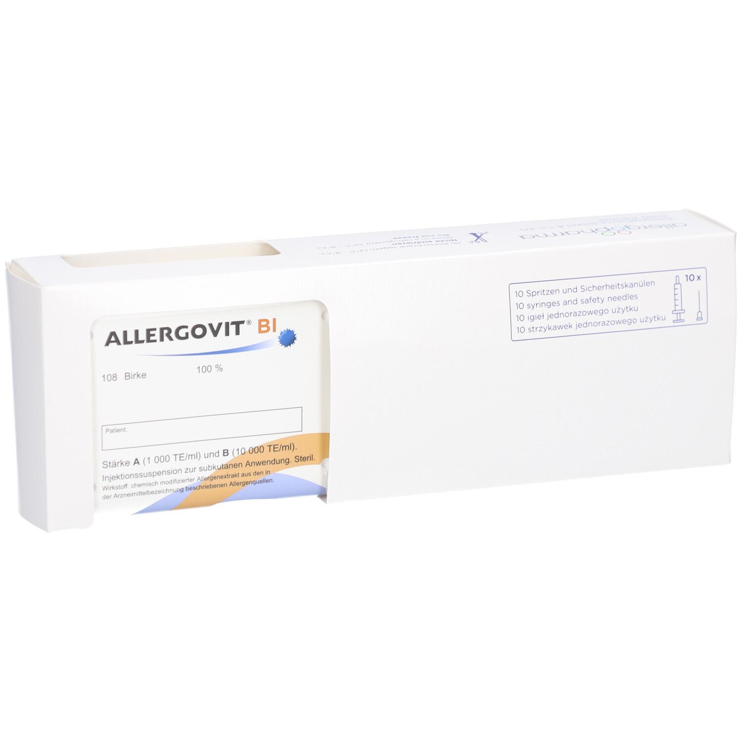 Weiße Verpackung mit Produktnamen ALLERGOVIT BI. 10 Spritzen und Sicherheitskanülen sind abgebildet.