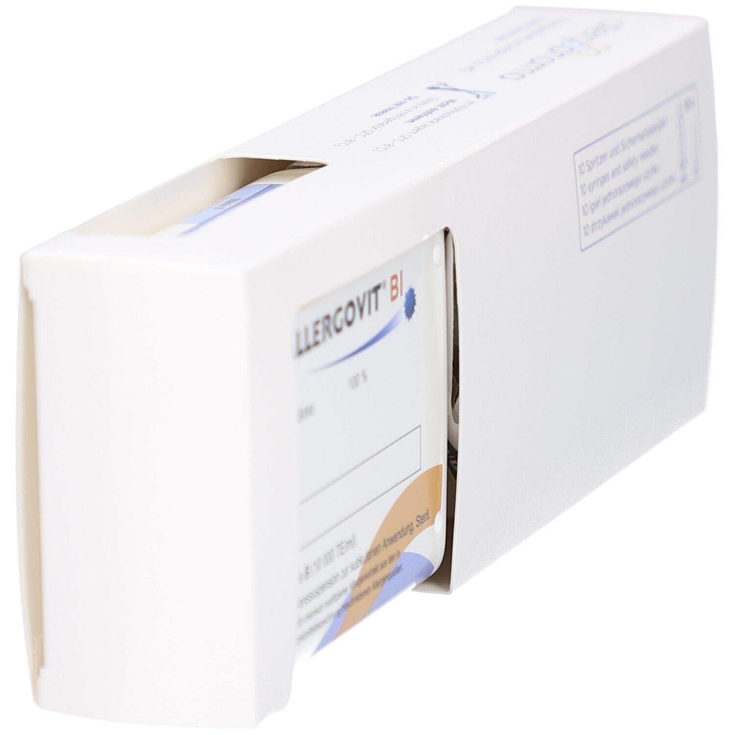 Weiße Verpackung, teilweise geöffnet. Sichtbar: ALLERGOVIT BI, 10x Birke. Produktinformationen auf der Innenseite.