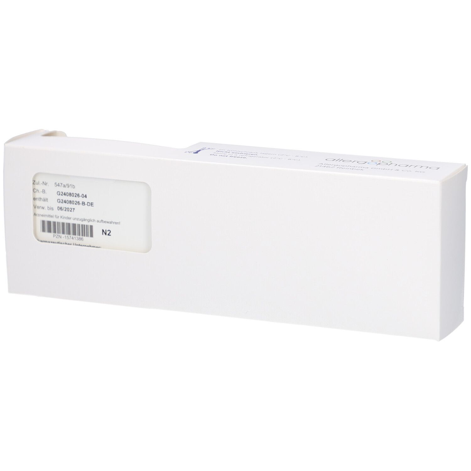 Geschlossene weiße Verpackung. Aufdruck mit Produktinformationen. N2-Kennzeichnung.