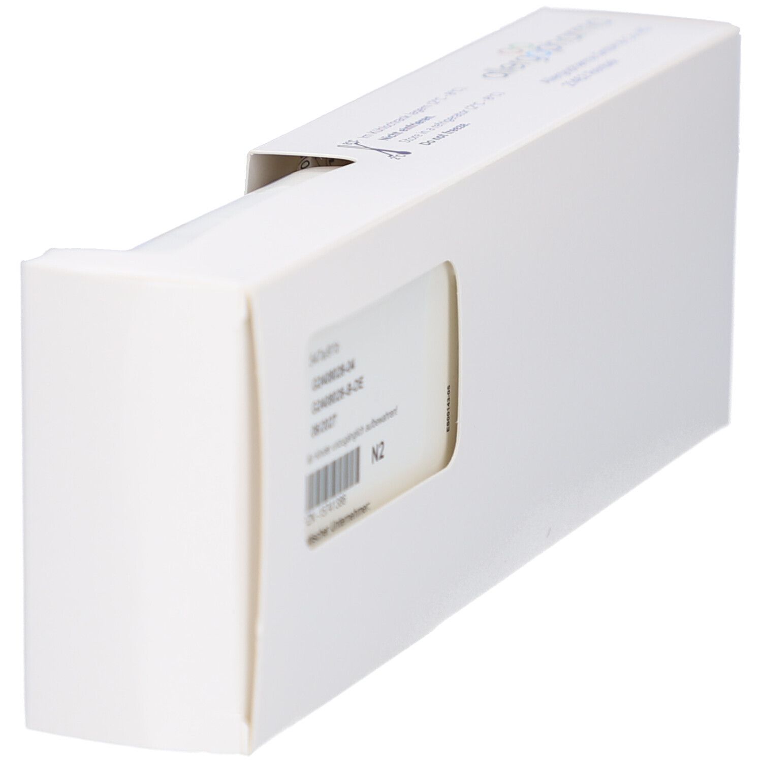 Weiße Verpackung, teilweise geöffnet. Sichtbar: Produktinformationen. N2-Kennzeichnung.
