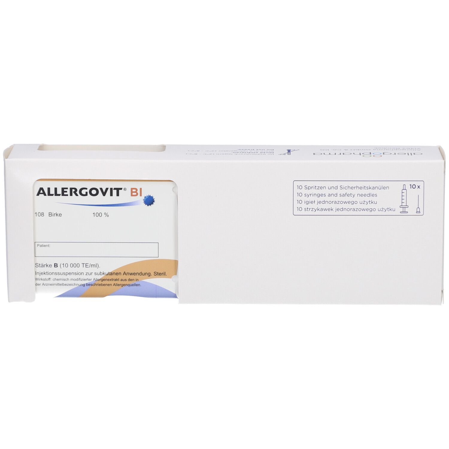 Weiße Verpackung mit Produktinformationen. Sichtbar: ALLERGOVIT BI, 10x Birke. Enthält Spritzen und Sicherheitskanülen.