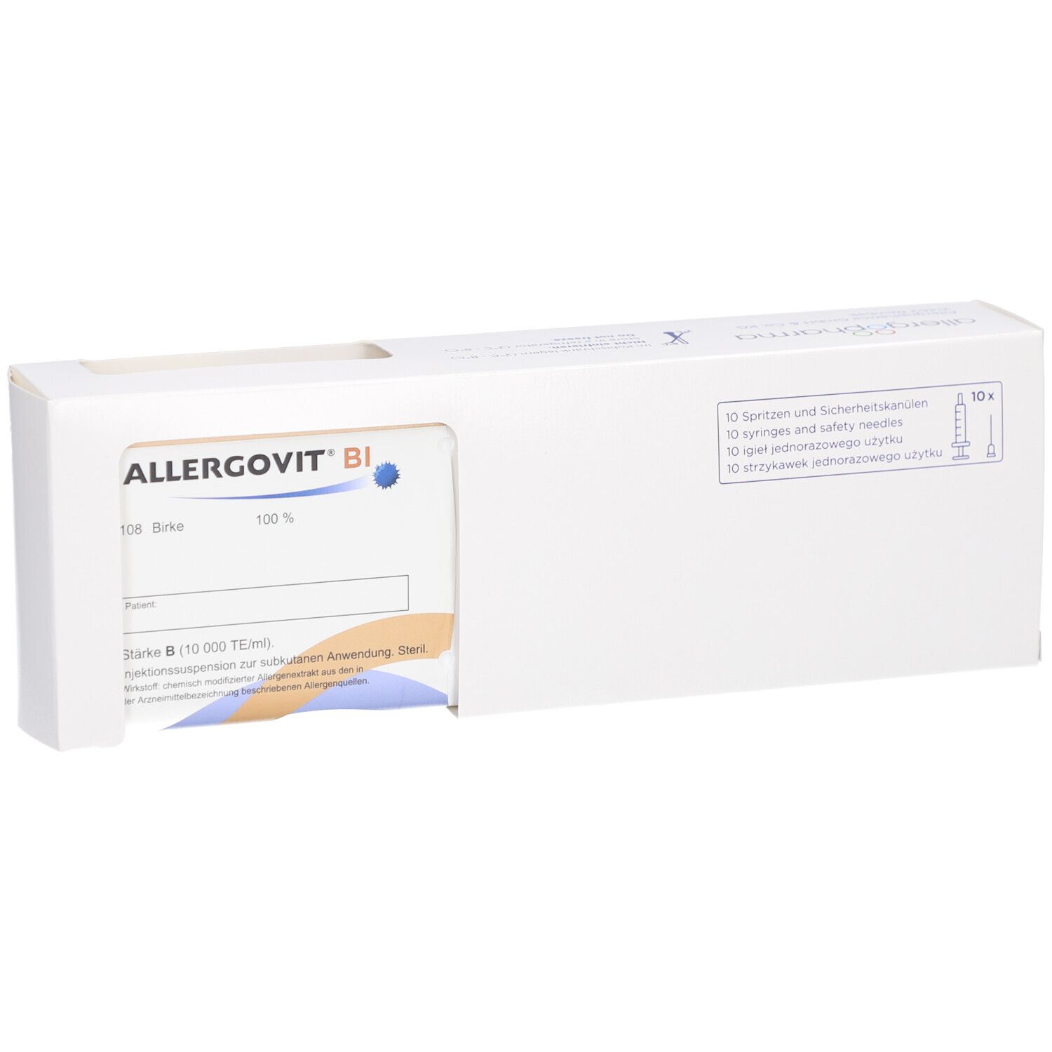Weiße Verpackung mit Produktinformationen. Sichtbar: ALLERGOVIT BI, 10x Birke. Enthält Spritzen und Sicherheitskanülen.