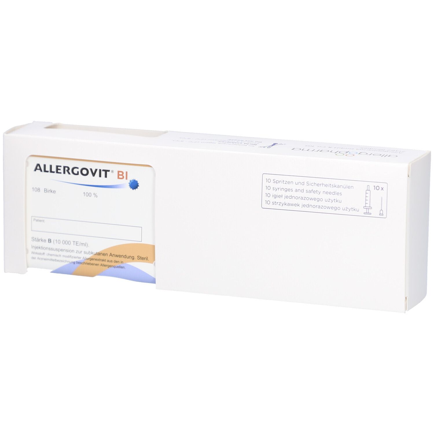 Weiße Verpackung mit Produktnamen ALLERGOVIT BI. Aufdruck mit Produktinformationen und blauer Markierung.