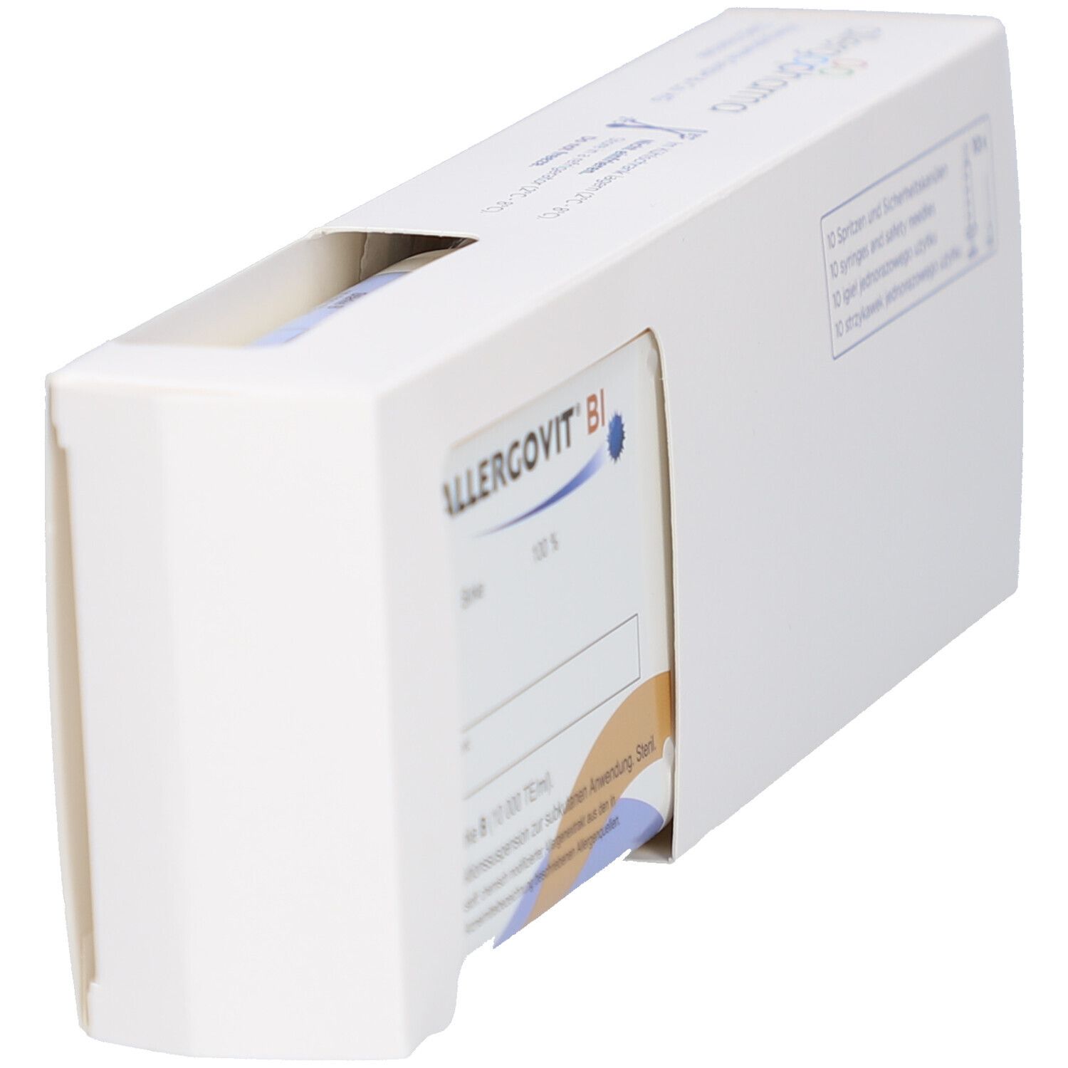 Weiße Verpackung mit Produkt ALLERGOVIT BI. Teilweise geöffnet, zeigt Produktinformationen und blaue Markierung.
