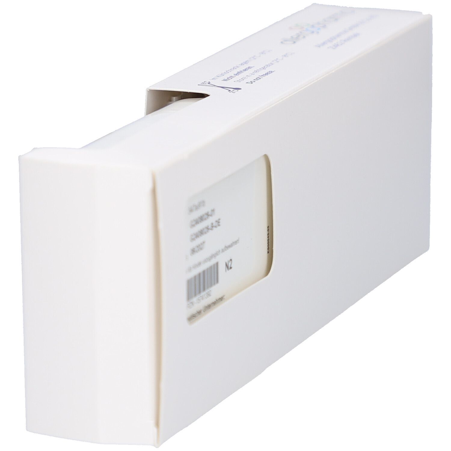 Weiße Verpackung mit Produktetikett durch Fenster sichtbar. Teilweise geöffnet, zeigt Produktinformationen.