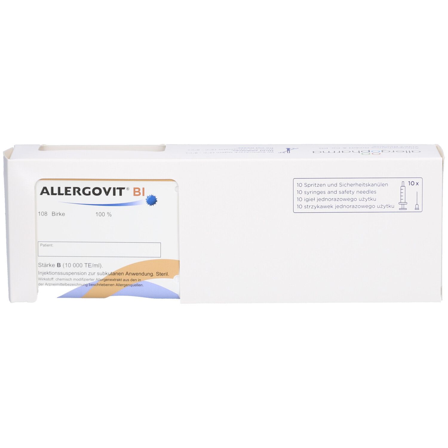 Weiße Verpackung mit Produktnamen ALLERGOVIT BI. Aufdruck mit Produktinformationen und blauer Markierung.