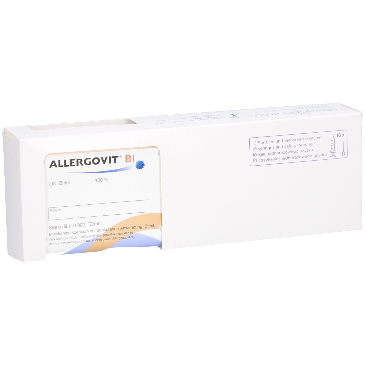 Weiße Verpackung mit Produktnamen ALLERGOVIT BI. Aufdruck mit Produktinformationen und blauer Markierung.