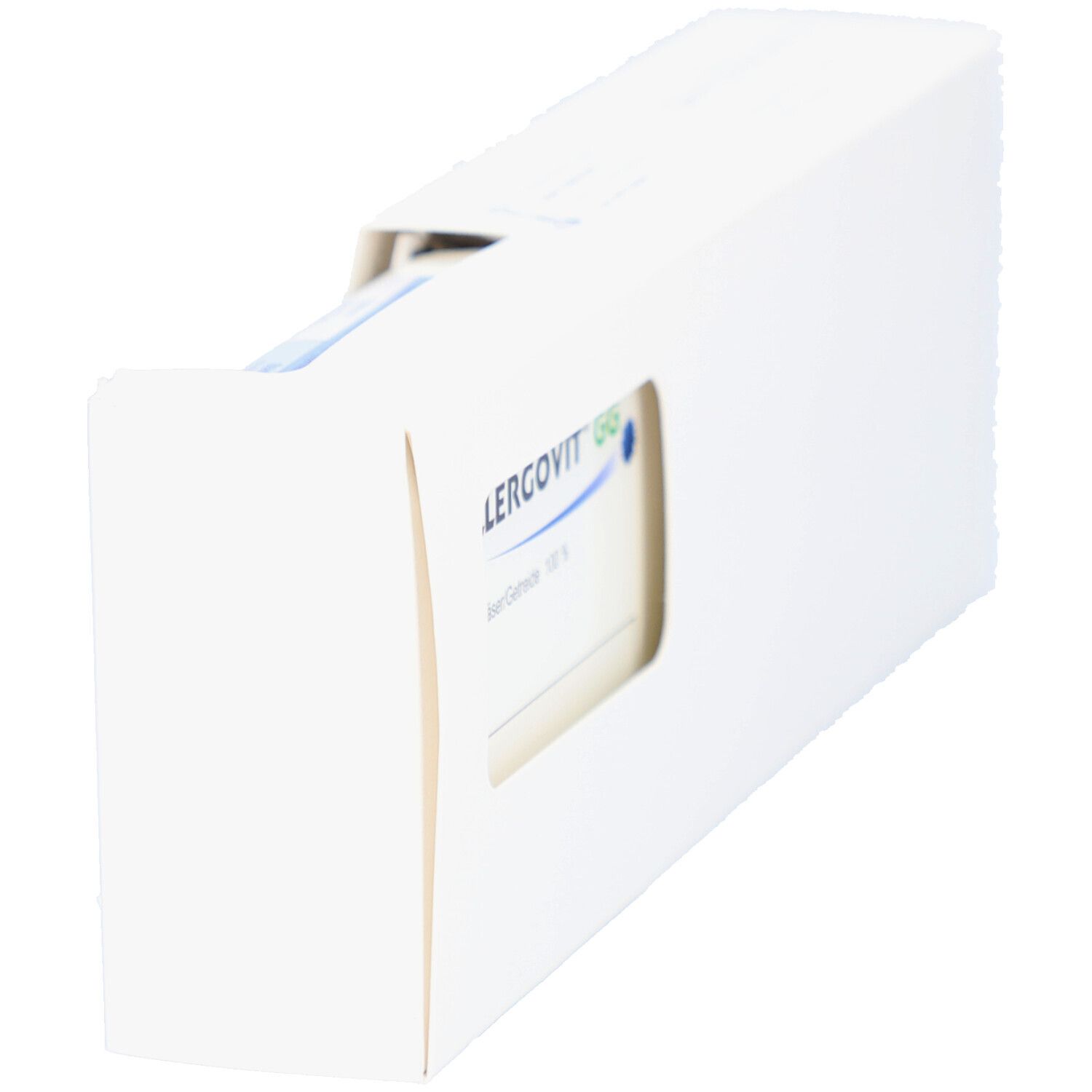 Geöffnete weiße Verpackung. Sichtfenster mit Produktinformationen. Logo ALLERGOVIT GG.