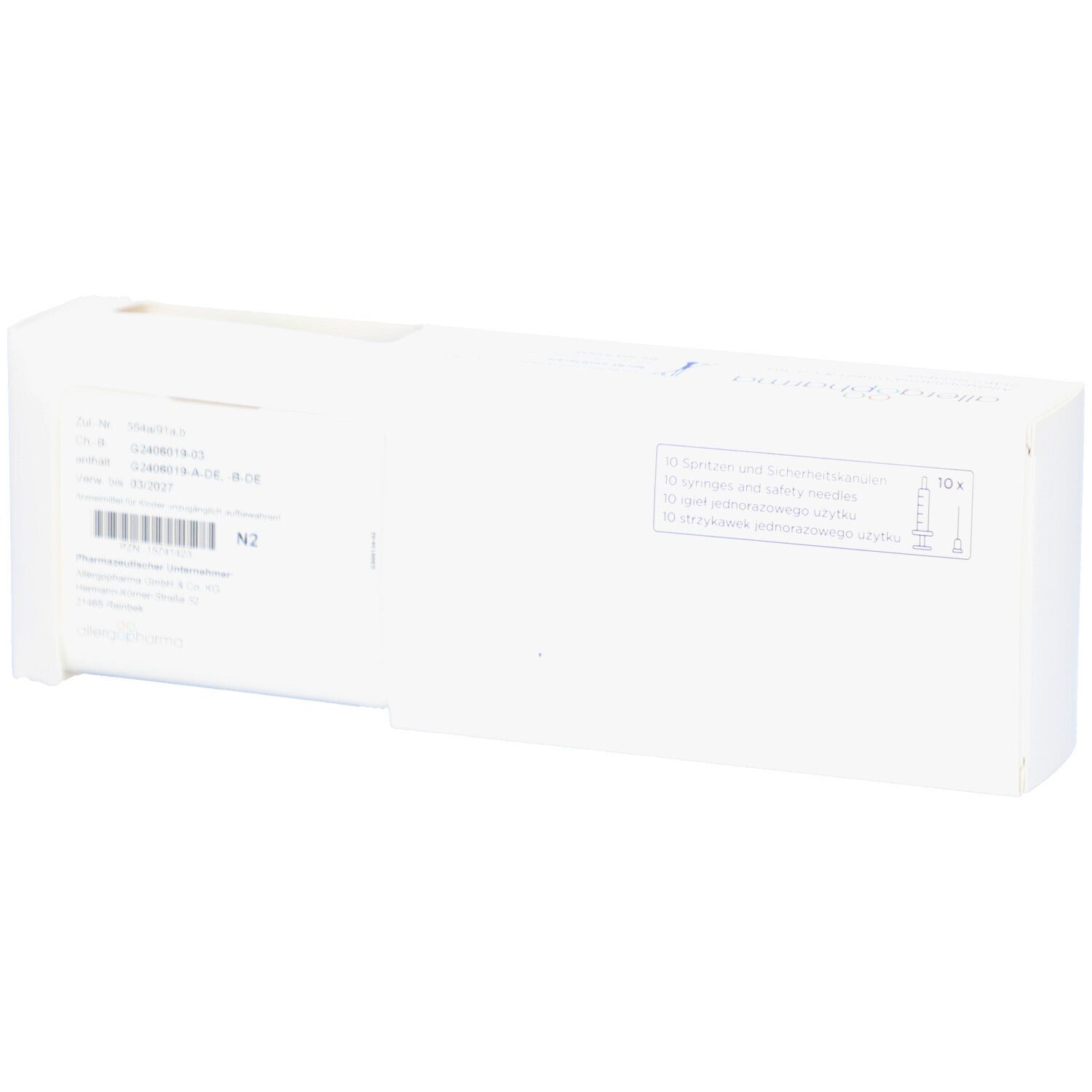Weiße Verpackung, Rückseite mit Text und Barcode. Produkt ALLERGOVIT GG.