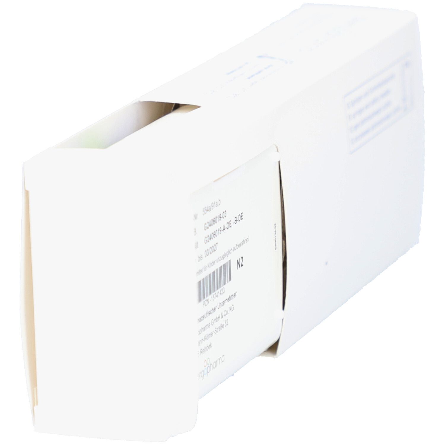 Geöffnete weiße Verpackung. Rückseite mit Text und Barcode. Produkt ALLERGOVIT GG.