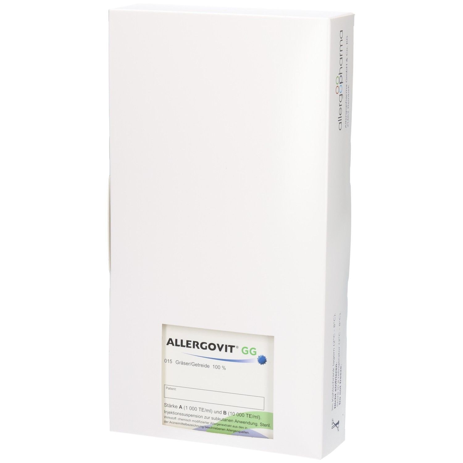 Verpackung ALLERGOVIT GG Gräser/Getreide 100%. Enthält zwei Stärken A und B.