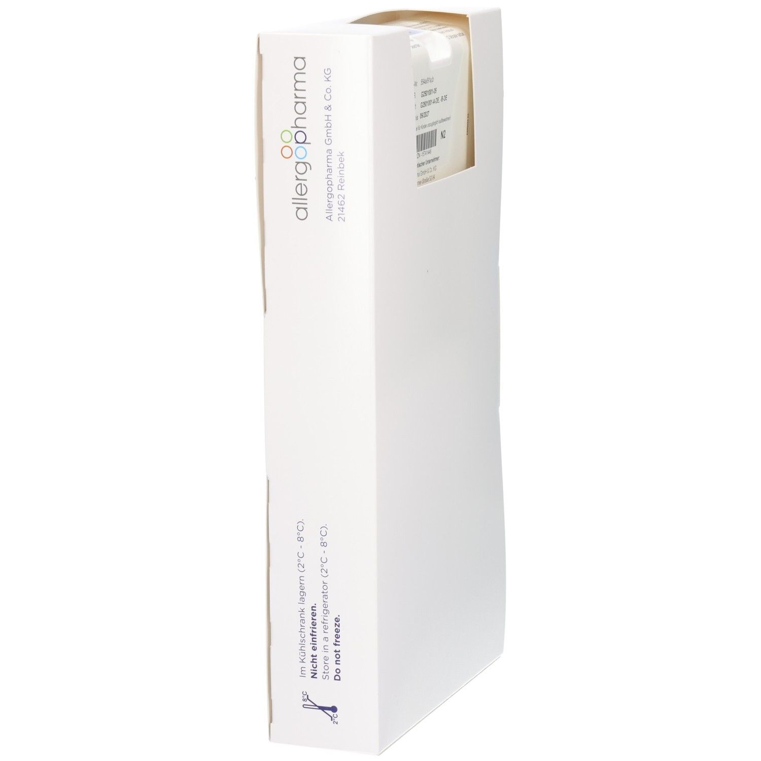 Seitenansicht der ALLERGOVIT GG Verpackung mit Herstellerinformationen und Lagerungshinweisen.