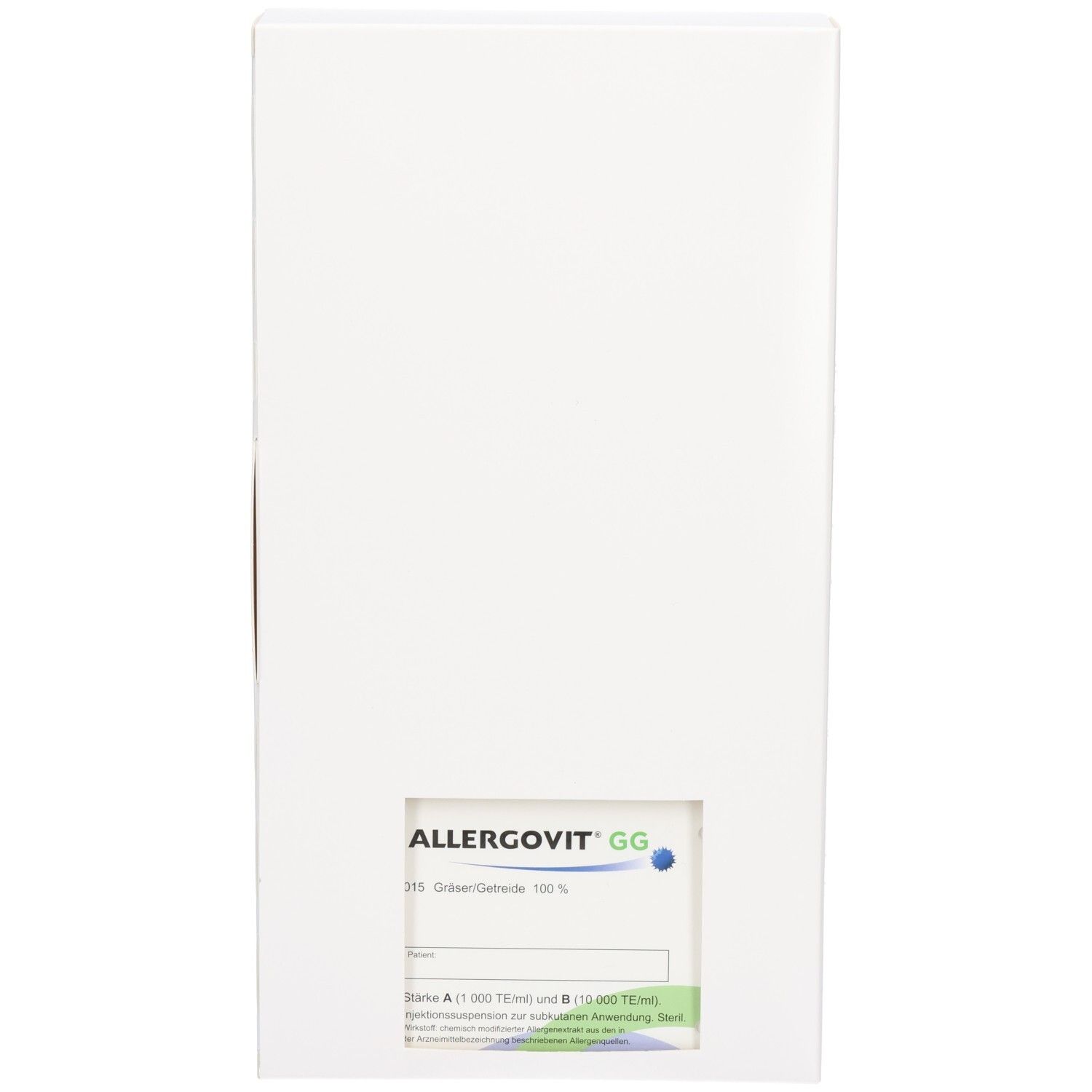 Vorderseite der ALLERGOVIT GG Verpackung mit Detailinformationen zu den Stärken A und B.