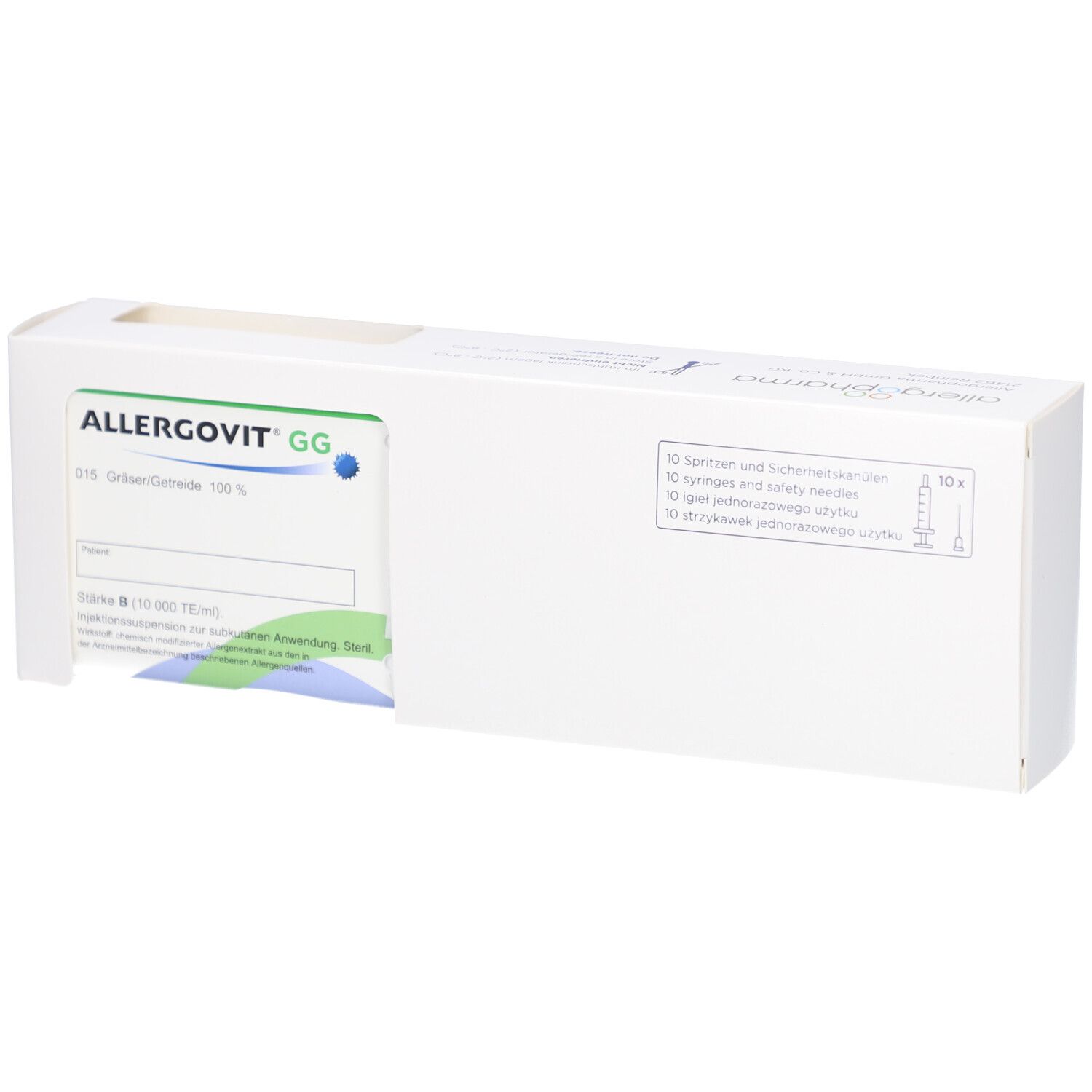 Weiße Produktverpackung mit Aussparung. Aufdruck: ALLERGOVIT GG, Gräser/Getreide. Sichtbar: Produktinformationen, blaue und grüne Elemente.