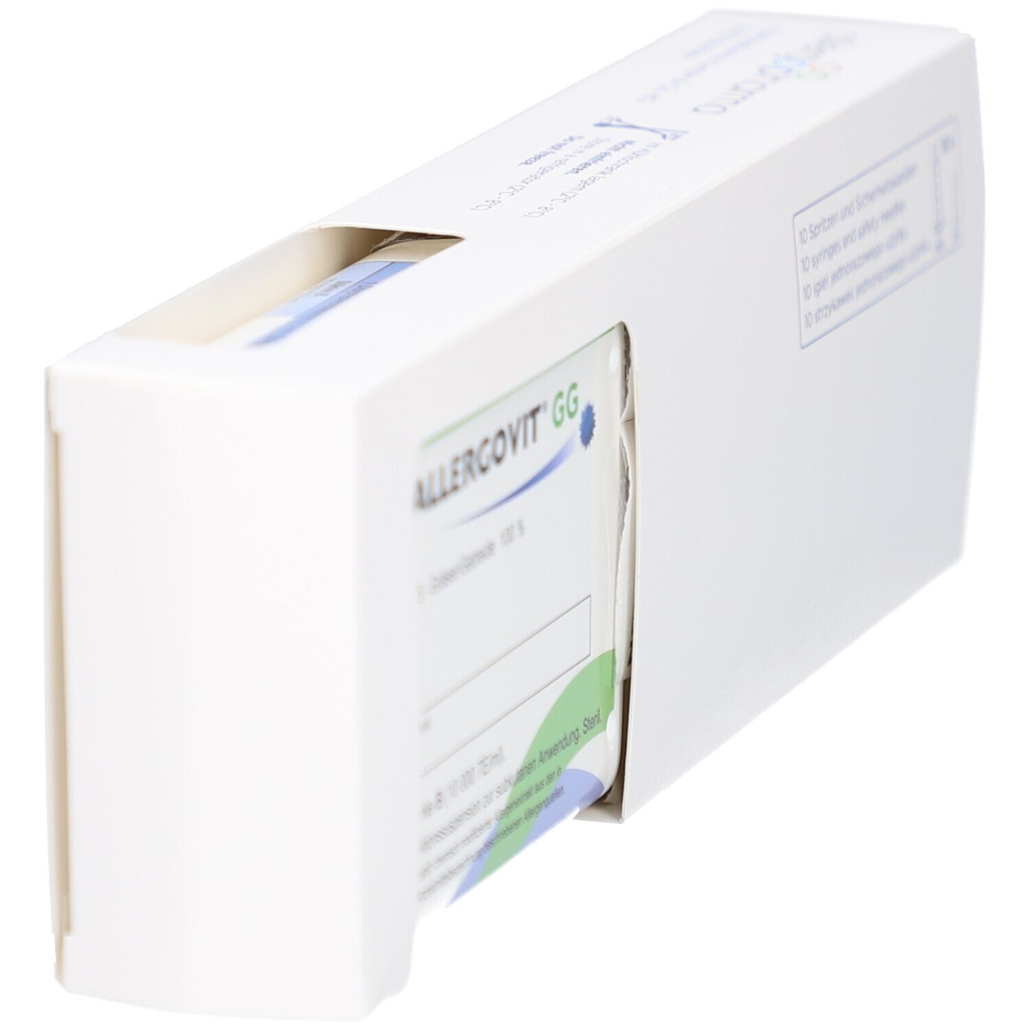 Weiße Produktverpackung mit Aussparung. Sichtbar: Produktinformationen, ALLERGOVIT GG. Verpackung teilweise geöffnet.