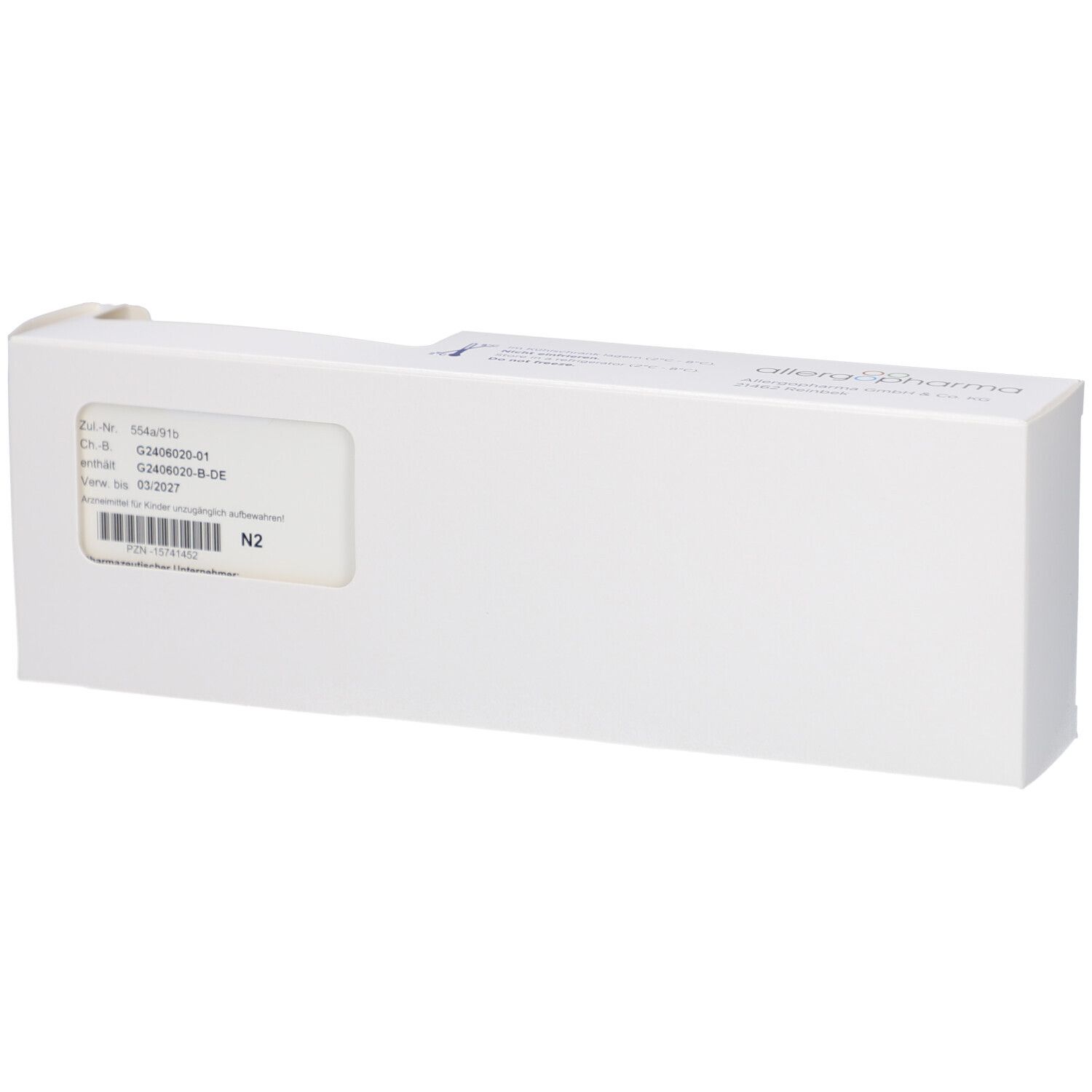 Weiße Produktverpackung mit Etikett. Aufdruck: Chargennummer, Verfallsdatum. N2-Kennzeichnung.
