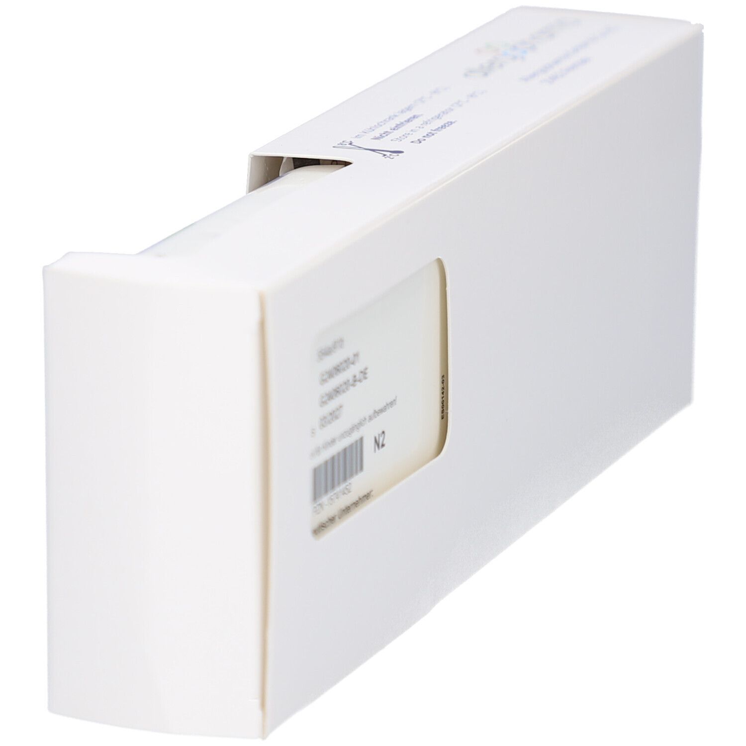 Weiße Produktverpackung mit Aussparung. Sichtbar: Etikett mit Chargennummer und Verfallsdatum. N2-Kennzeichnung.