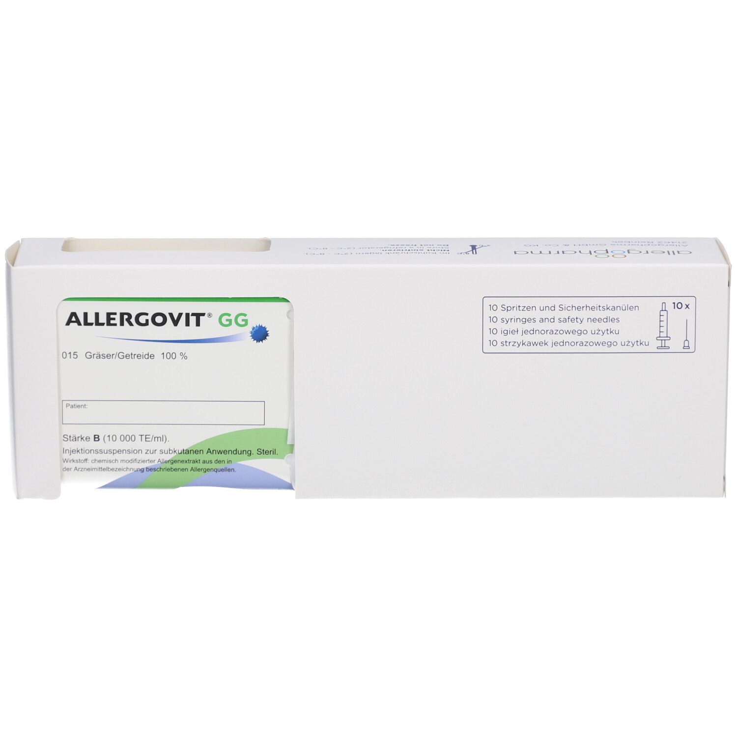 Weiße Produktverpackung mit Aussparung. Aufdruck: ALLERGOVIT GG, Gräser/Getreide. Sichtbar: Produktinformationen, blaue und grüne Elemente.
