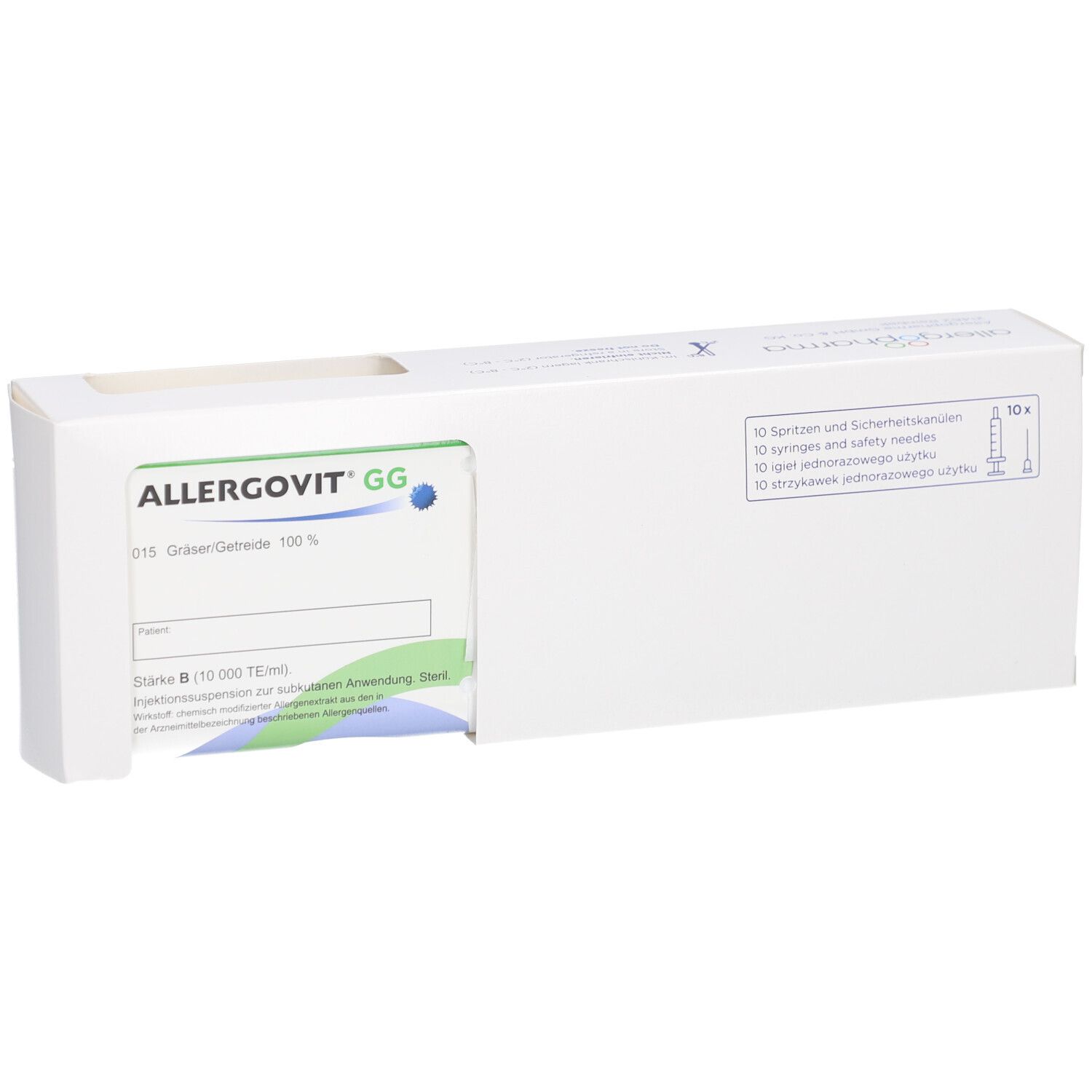 Weiße Produktverpackung mit Aussparung. Aufdruck: ALLERGOVIT GG, Gräser/Getreide. Sichtbar: Produktinformationen, blaue und grüne Elemente.