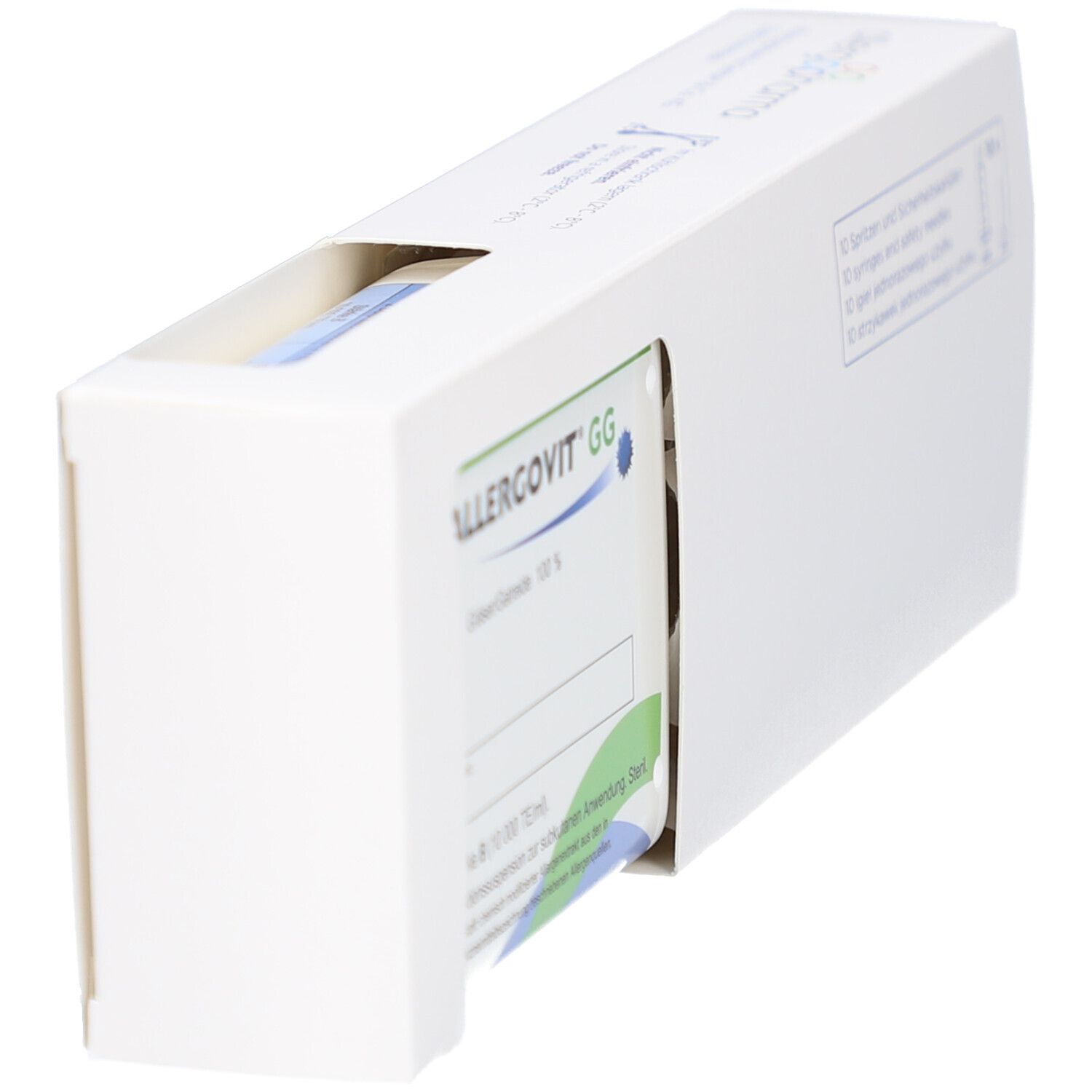 Weiße Verpackung, teilweise geöffnet. Aufschrift ALLERGOVIT GG. Produktinformationen sichtbar.